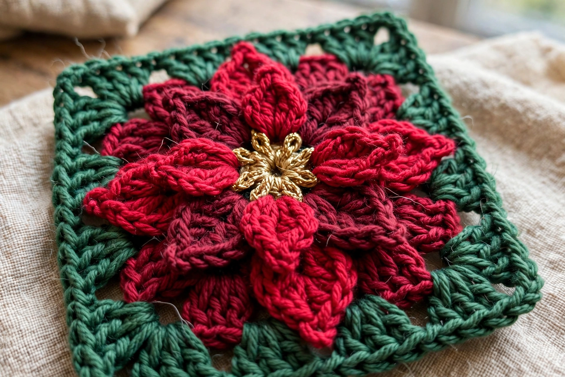Close-up of raised puff stitch poinsettia squares on the bag front