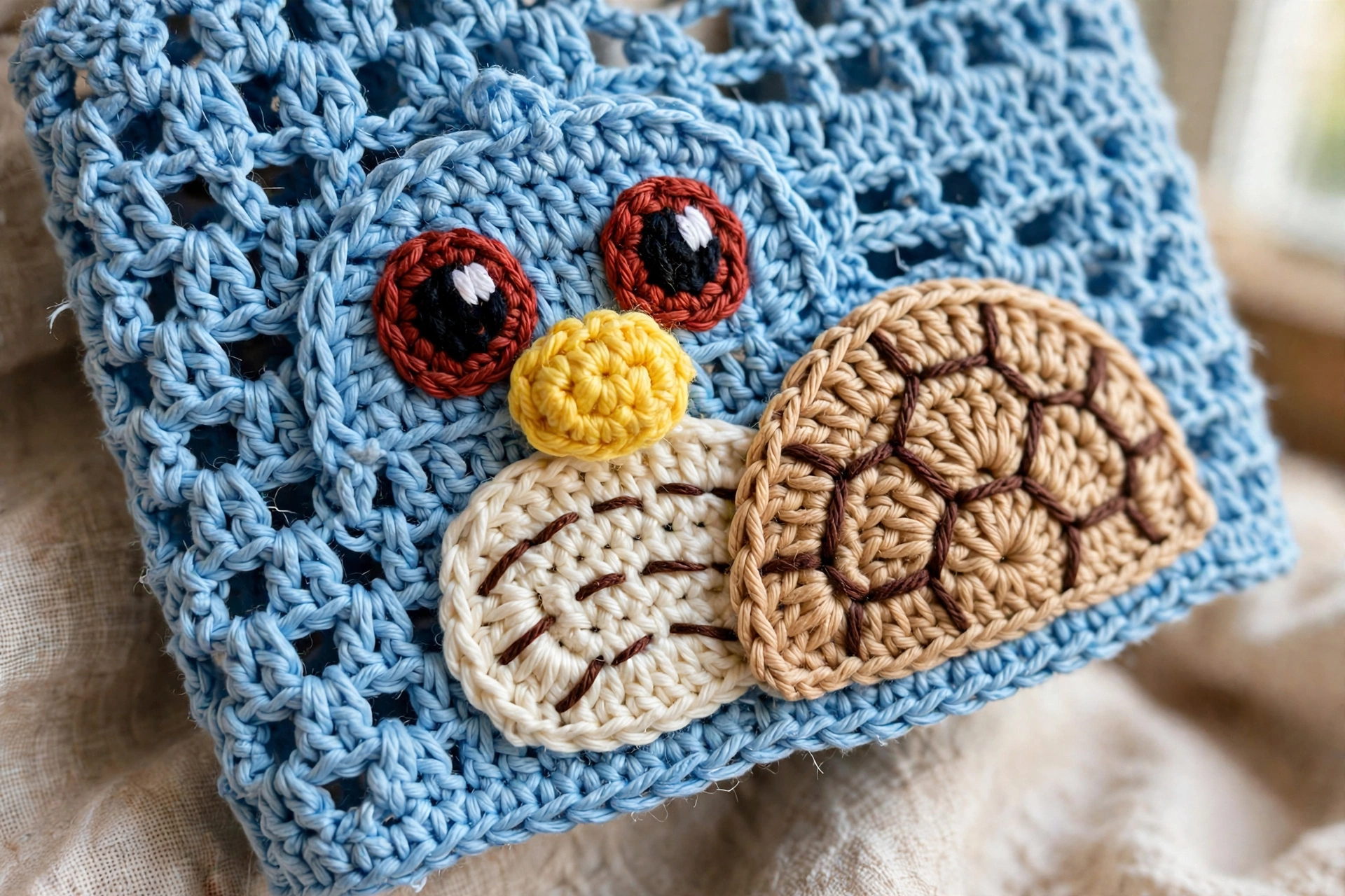 Close-up of the Squirtle applique face, eyes, snout, and belly patch on the crop top