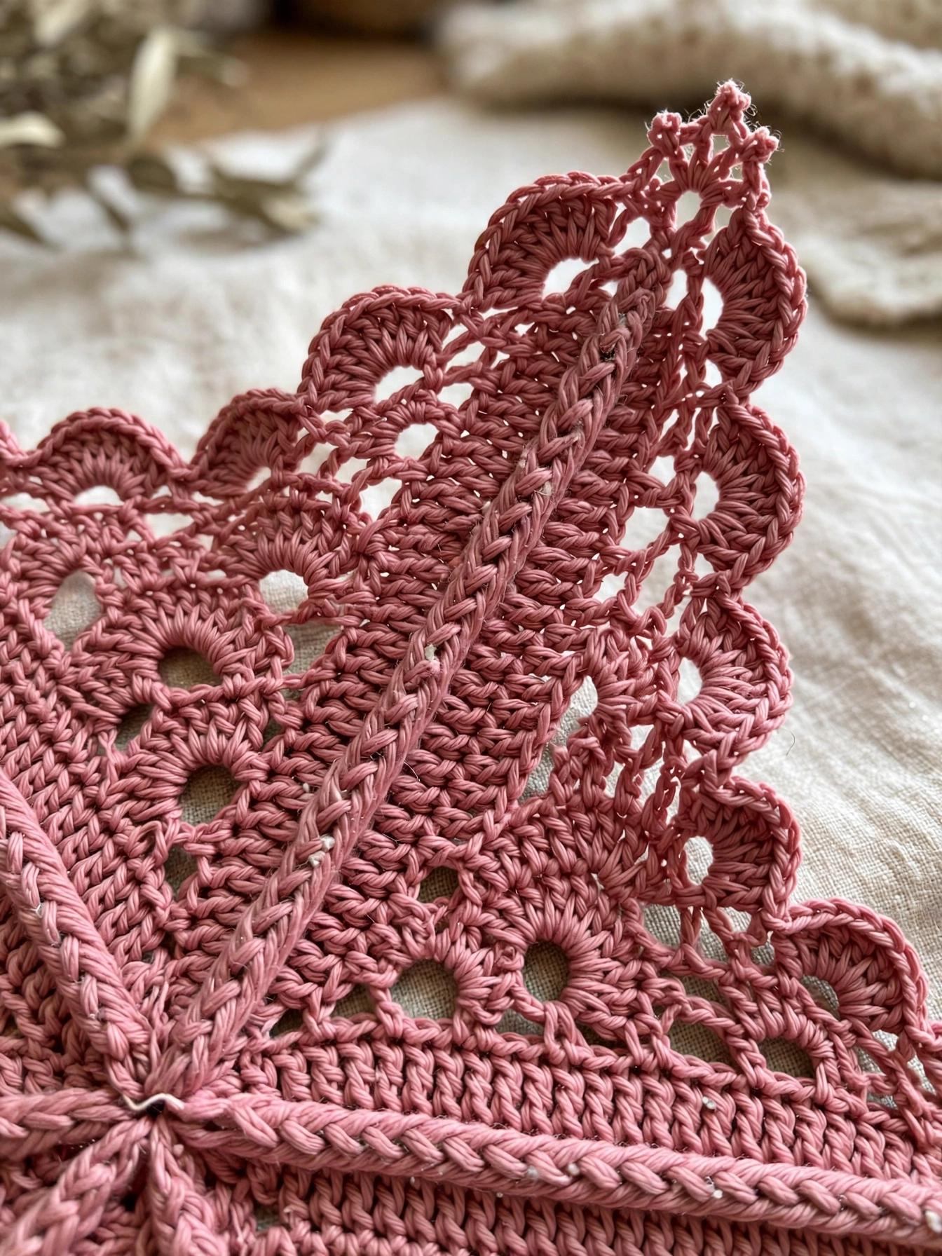 Close-up of the starfish blanket point with lace rounds and scalloped edge