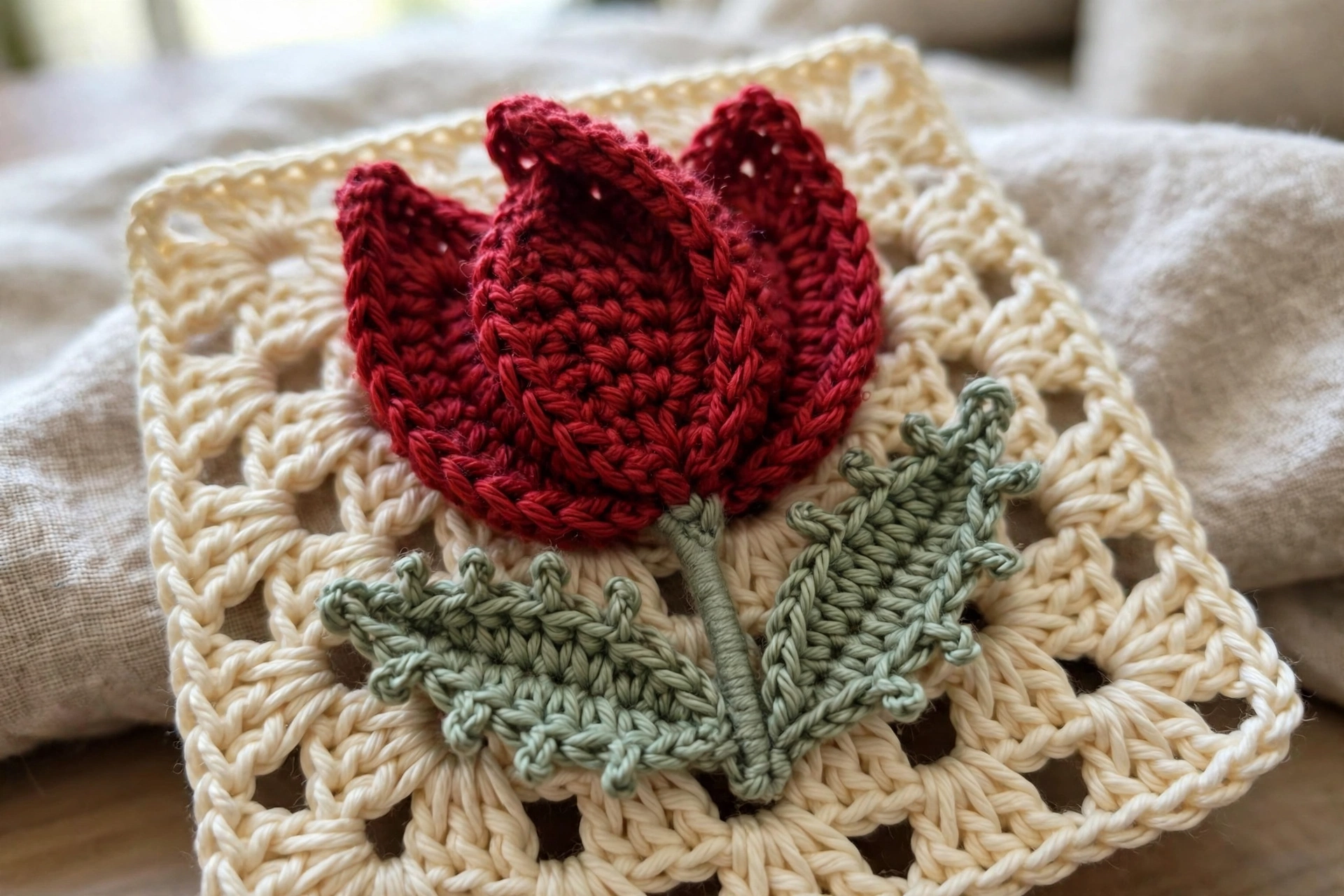 Close-up of the 3D crochet tulip flower applique on a cream granny square