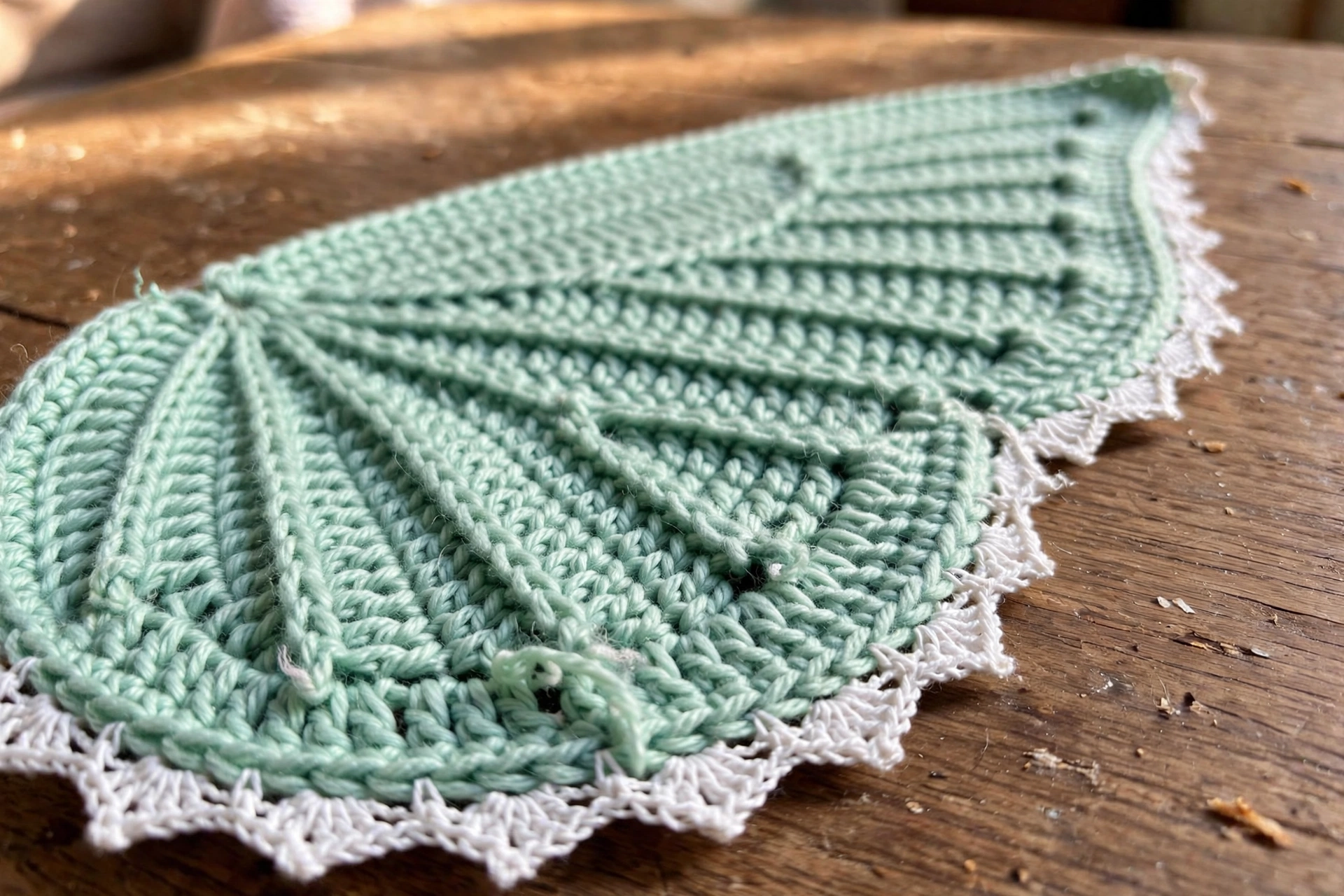 Close-up of the mint seafoam butterfly purse wing with white scalloped edging