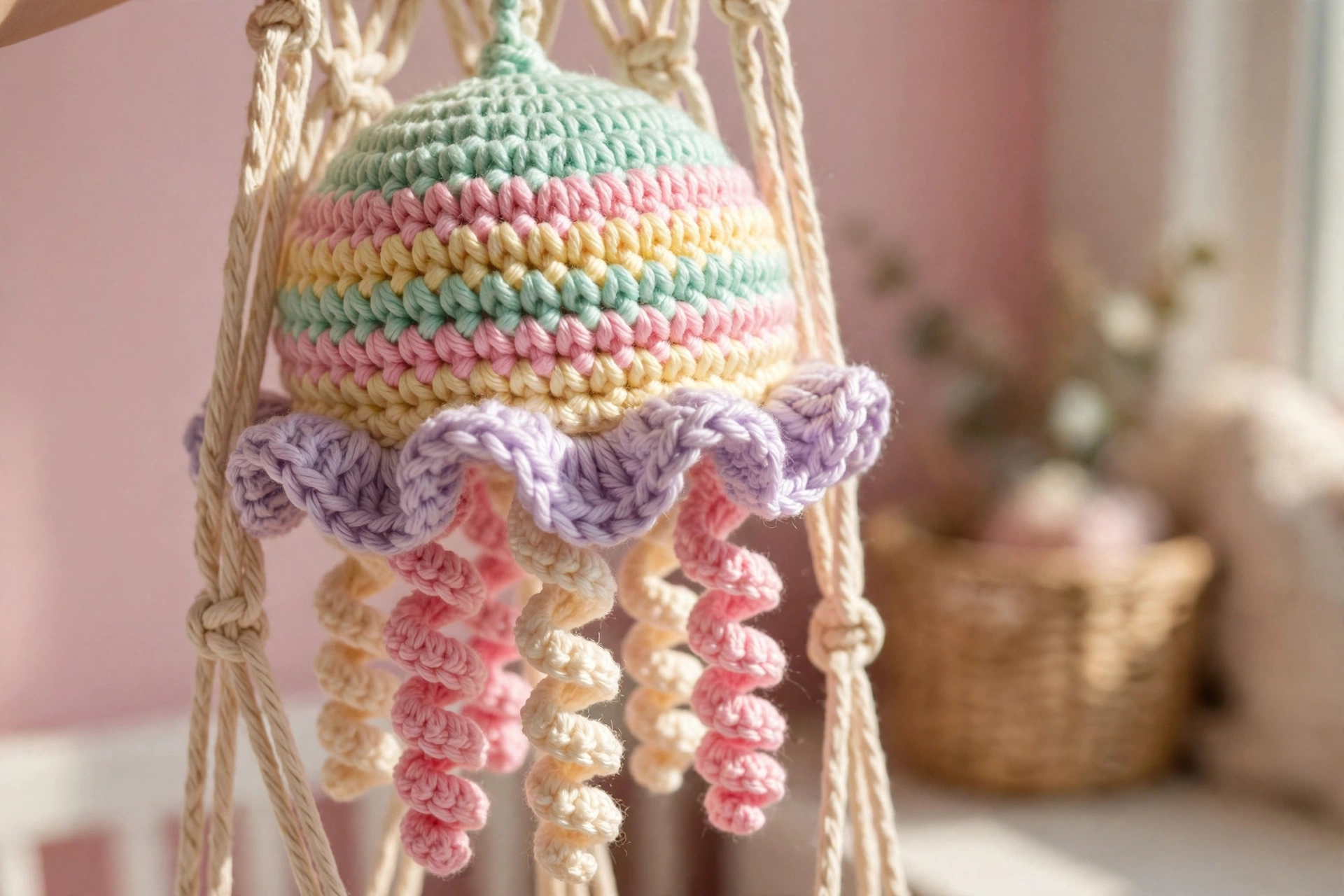 Close-up of the pastel jellyfish bell with ruffled lavender skirt and curly tentacles