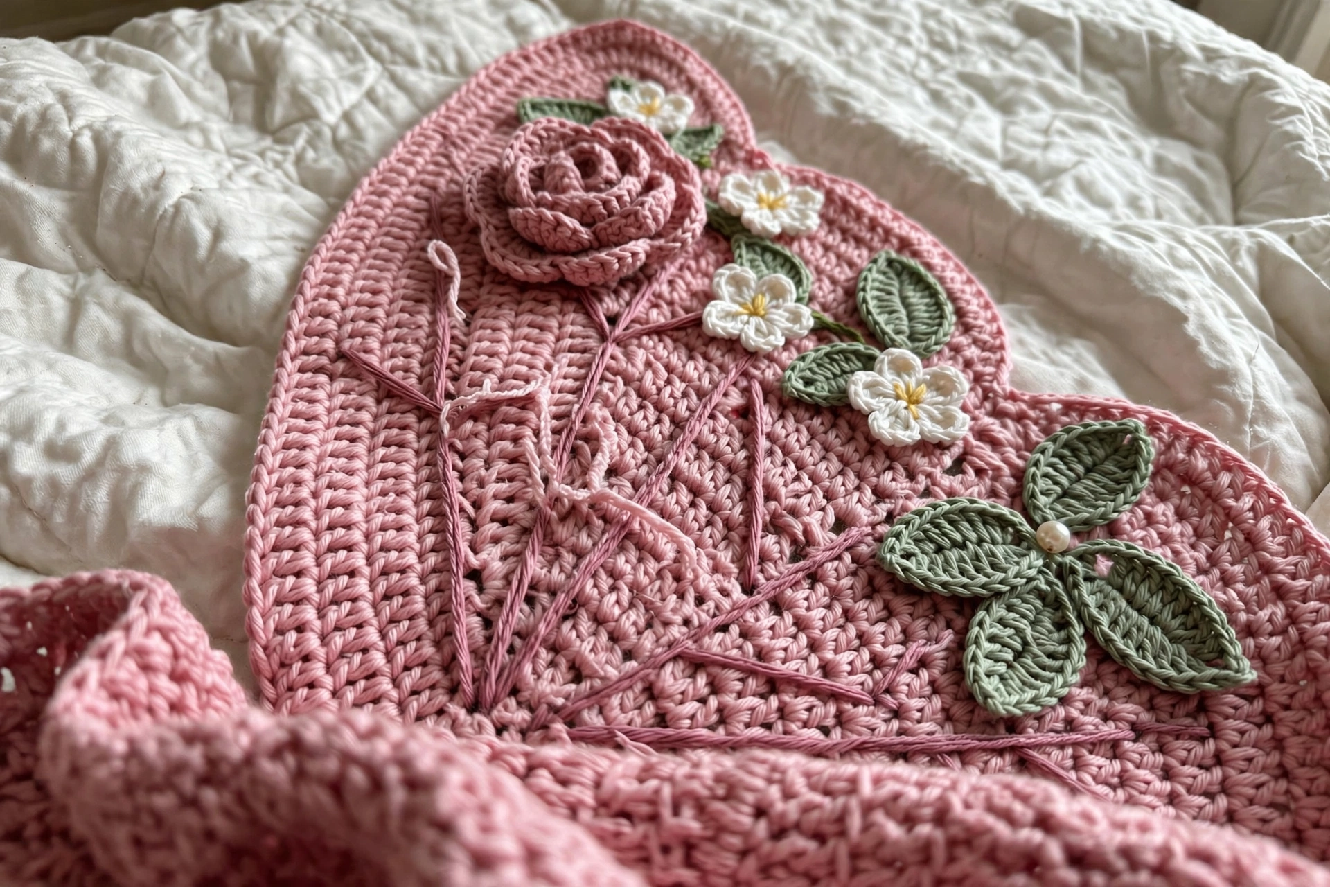 Close-up of a crocheted rose, cherry blossoms, and leaves on a pink butterfly wing panel