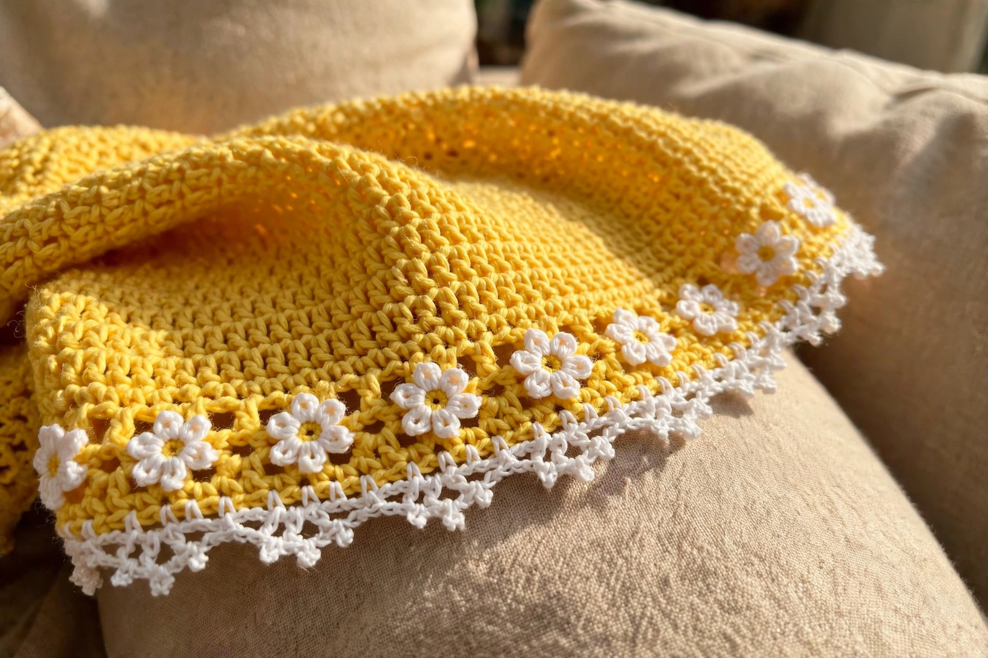 Close-up of the yellow crocheted hood trim with white daisy motifs and picot edging