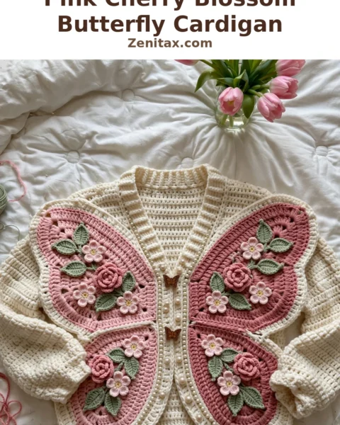 Pink Cherry Blossom Butterfly Cardigan Free Crochet Pattern