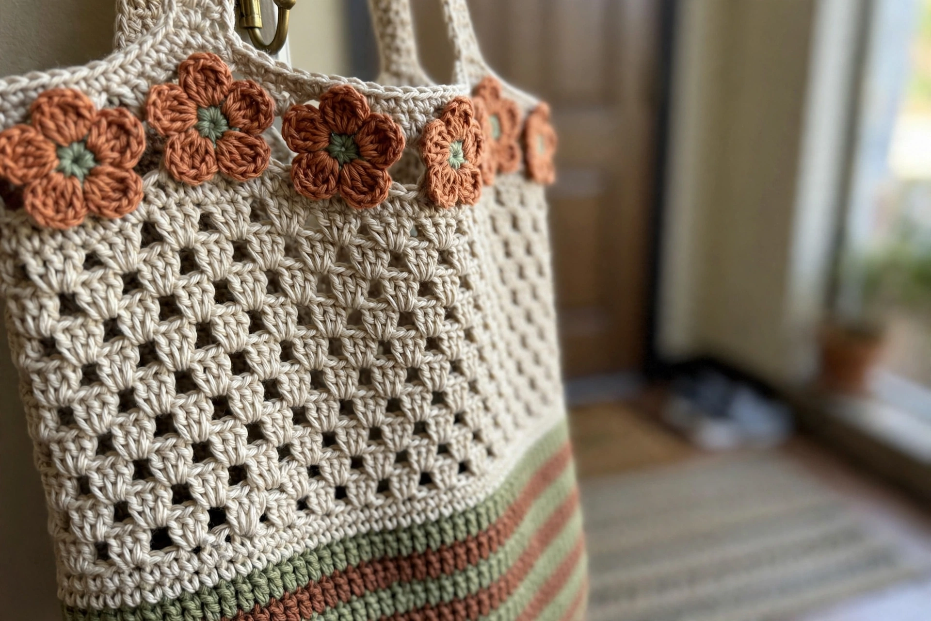 Close-up of the terracotta crocheted flowers with sage centers along the top border of the boho tote