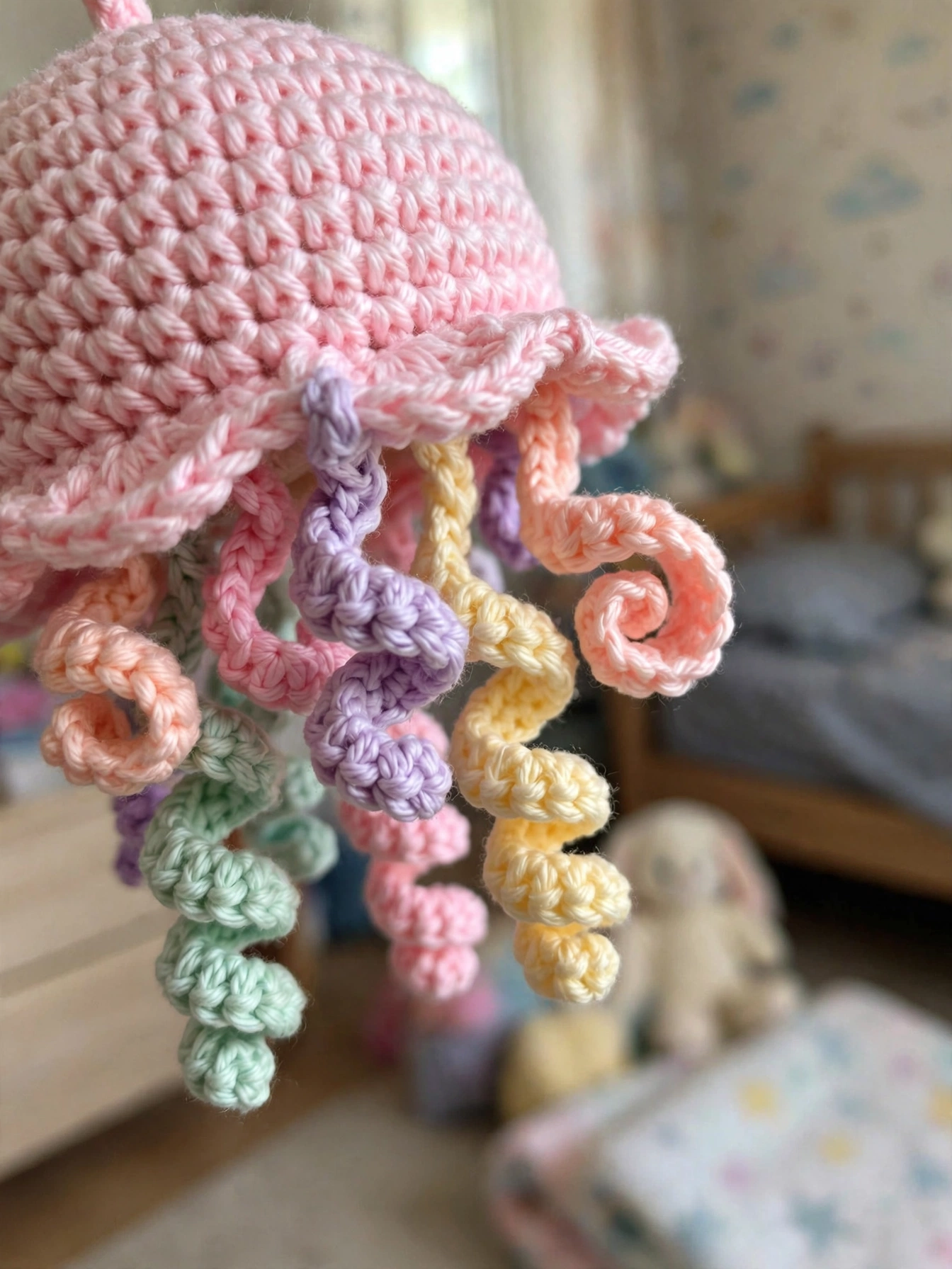 Close-up of the pastel spiral tentacles where they attach to the pink crochet jellyfish bell