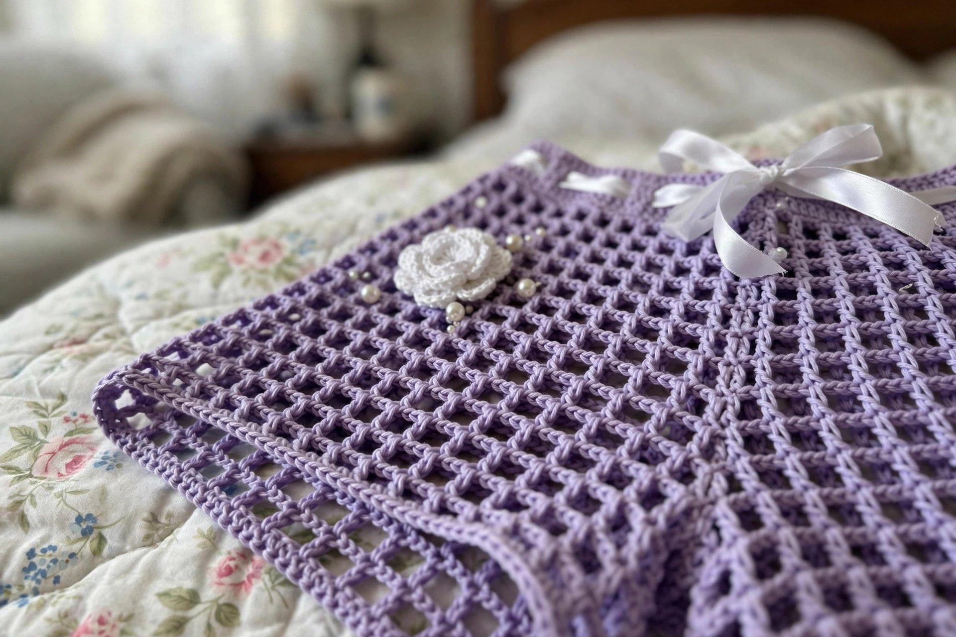 Close-up of the lavender grid mesh with a white 3D crocheted flower, pearl beads, and ribbon bow on the beach set shorts