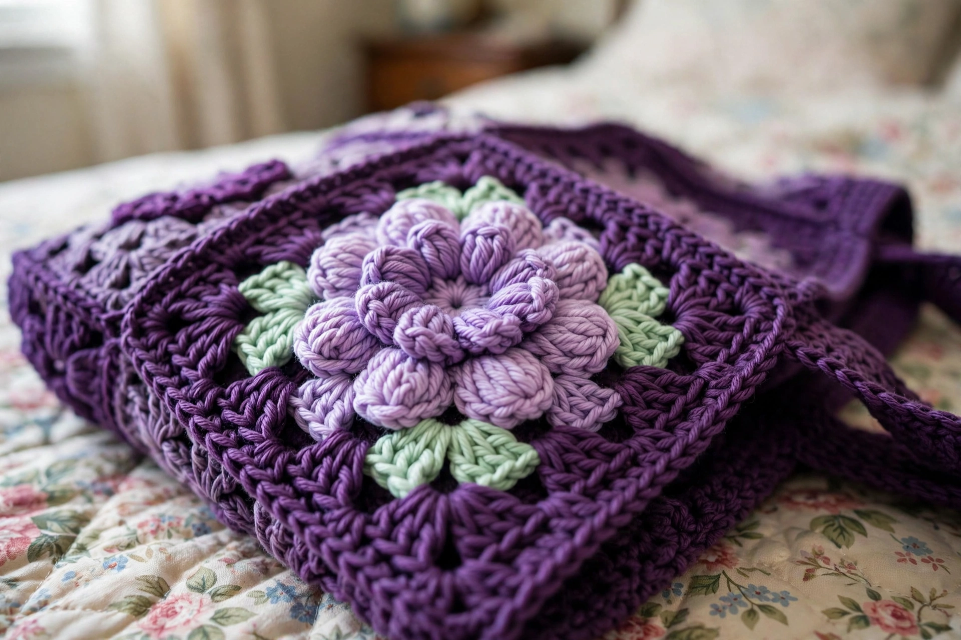 Close-up of the raised puff stitch lavender flower with mint leaves on the tote's granny square