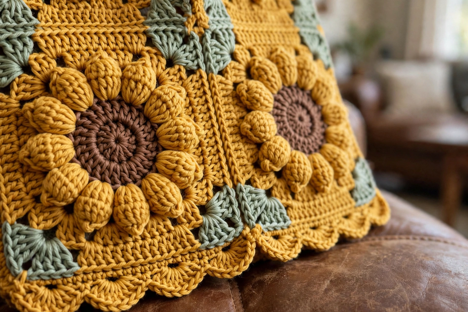 Close-up of the dimensional mustard bobble sunflower petals with brown centers and sage green corners on the tote