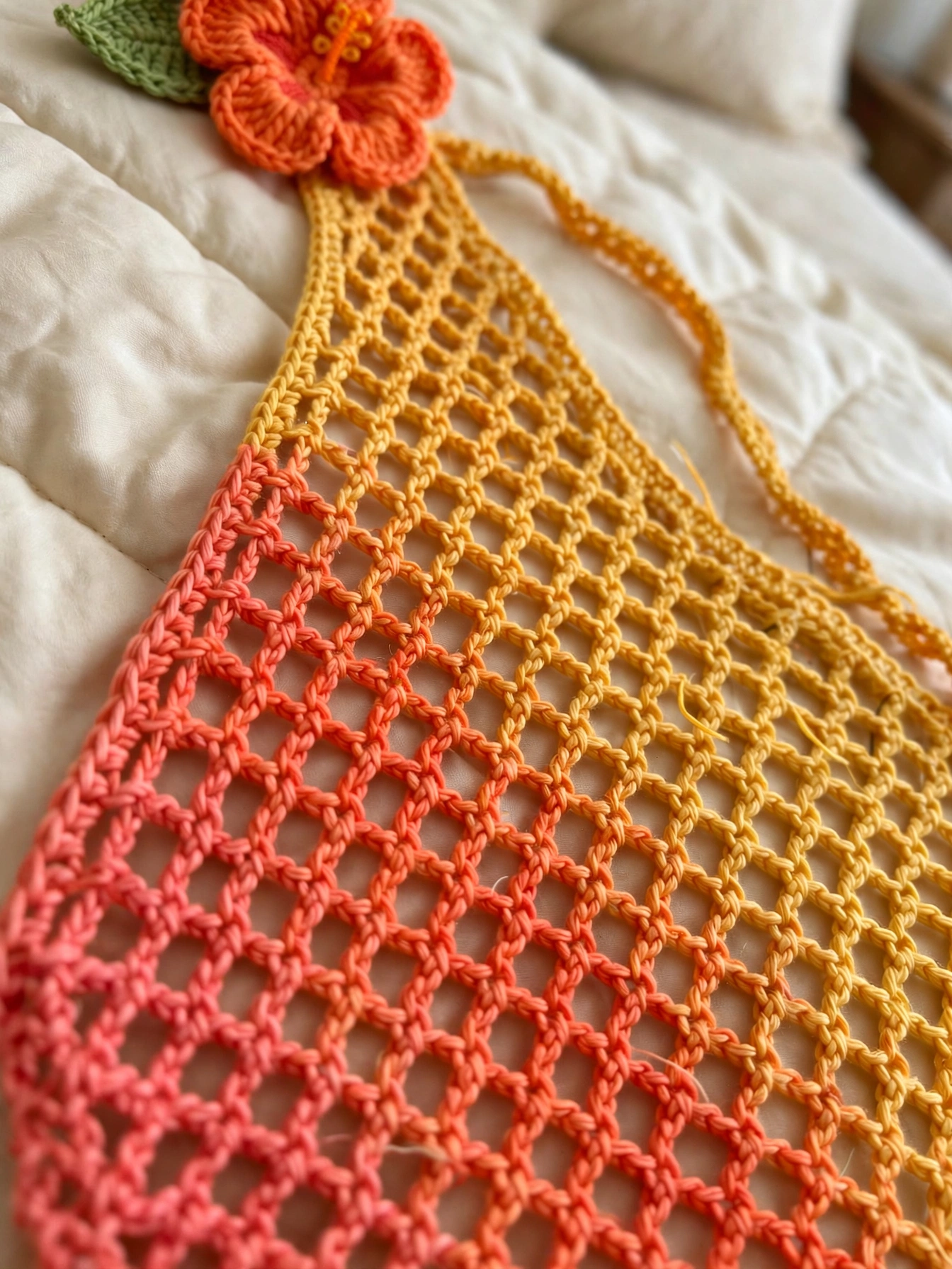 Close-up of the sunset ombre diamond mesh and crocheted hibiscus flower on the halter top