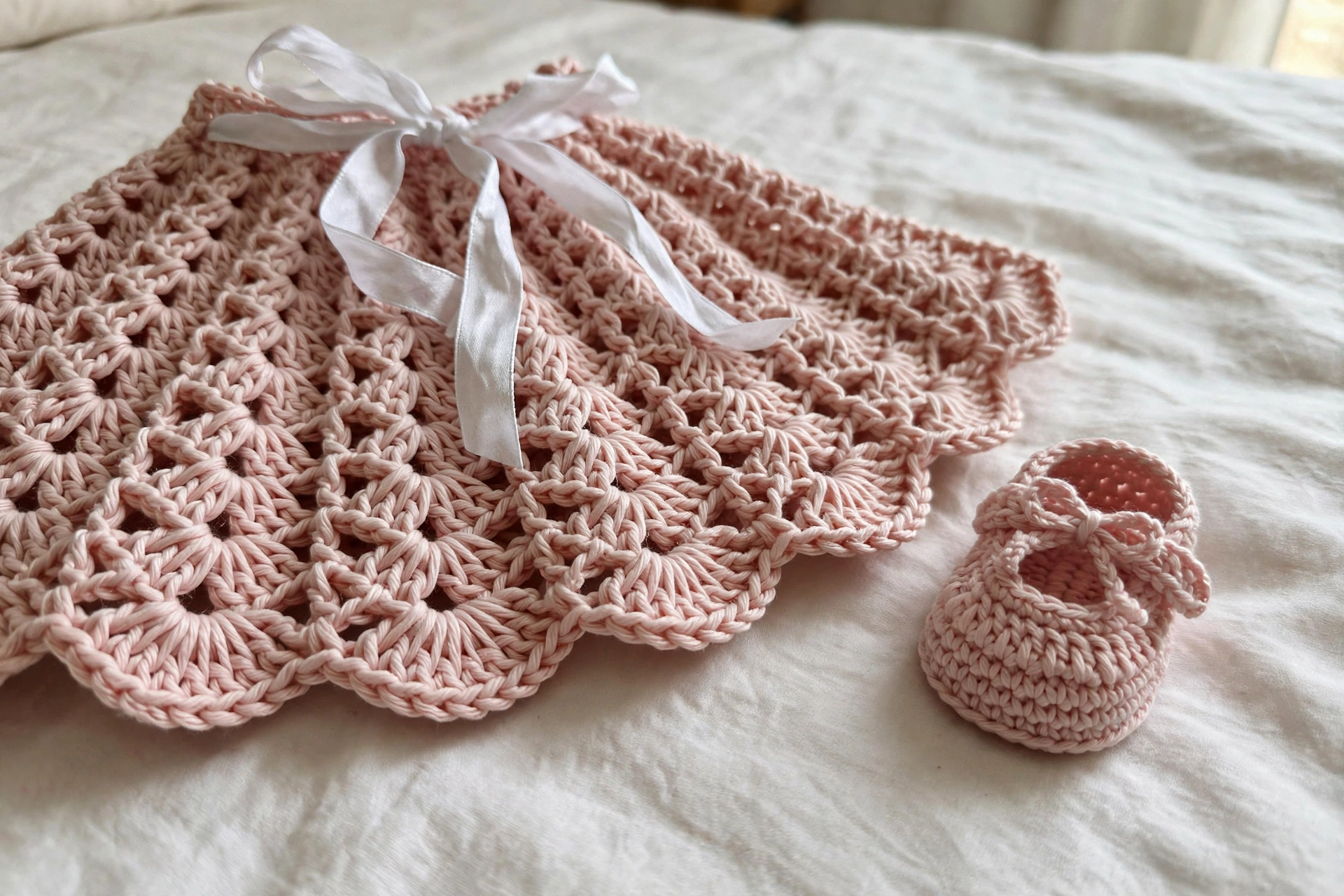 Close-up of the fan stitch skirt, ribbon bow, and Mary Jane booty of the Blush Pink Ruffle Baby Dress Set