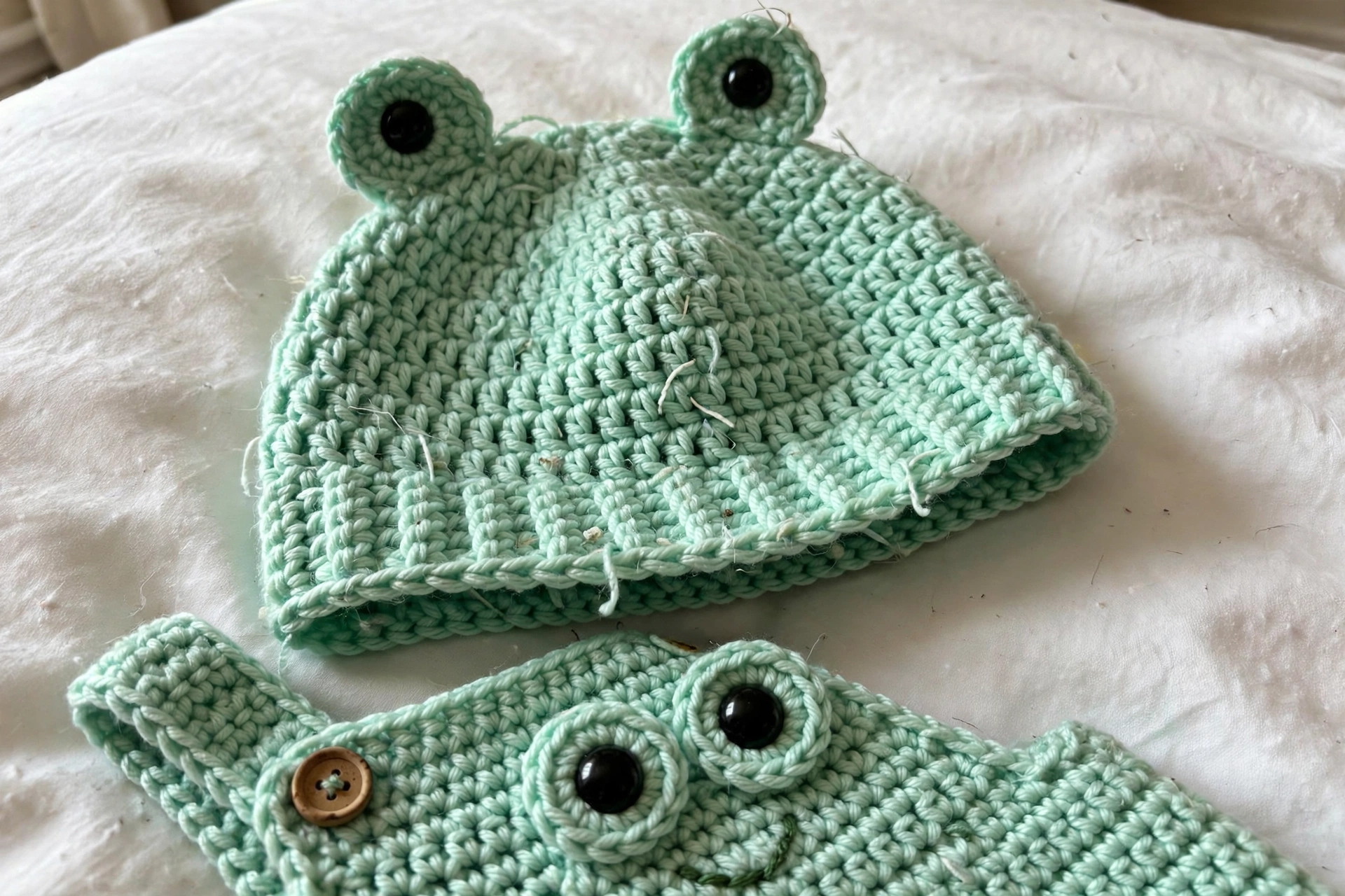 Close-up of the frog eye bump beanie and frog face applique on the Mint Green Frog Baby Romper
