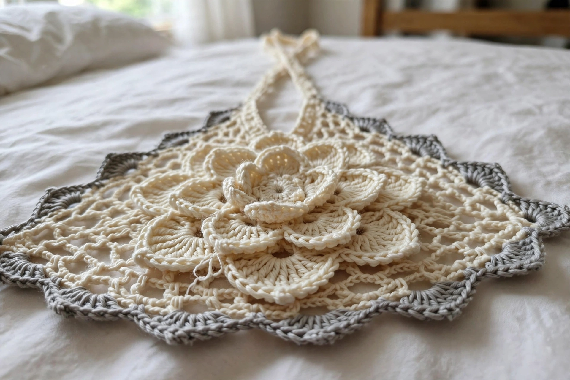 Close-up of the layered flower applique with grey edging on the Monochrome Lace Butterfly Halter Top