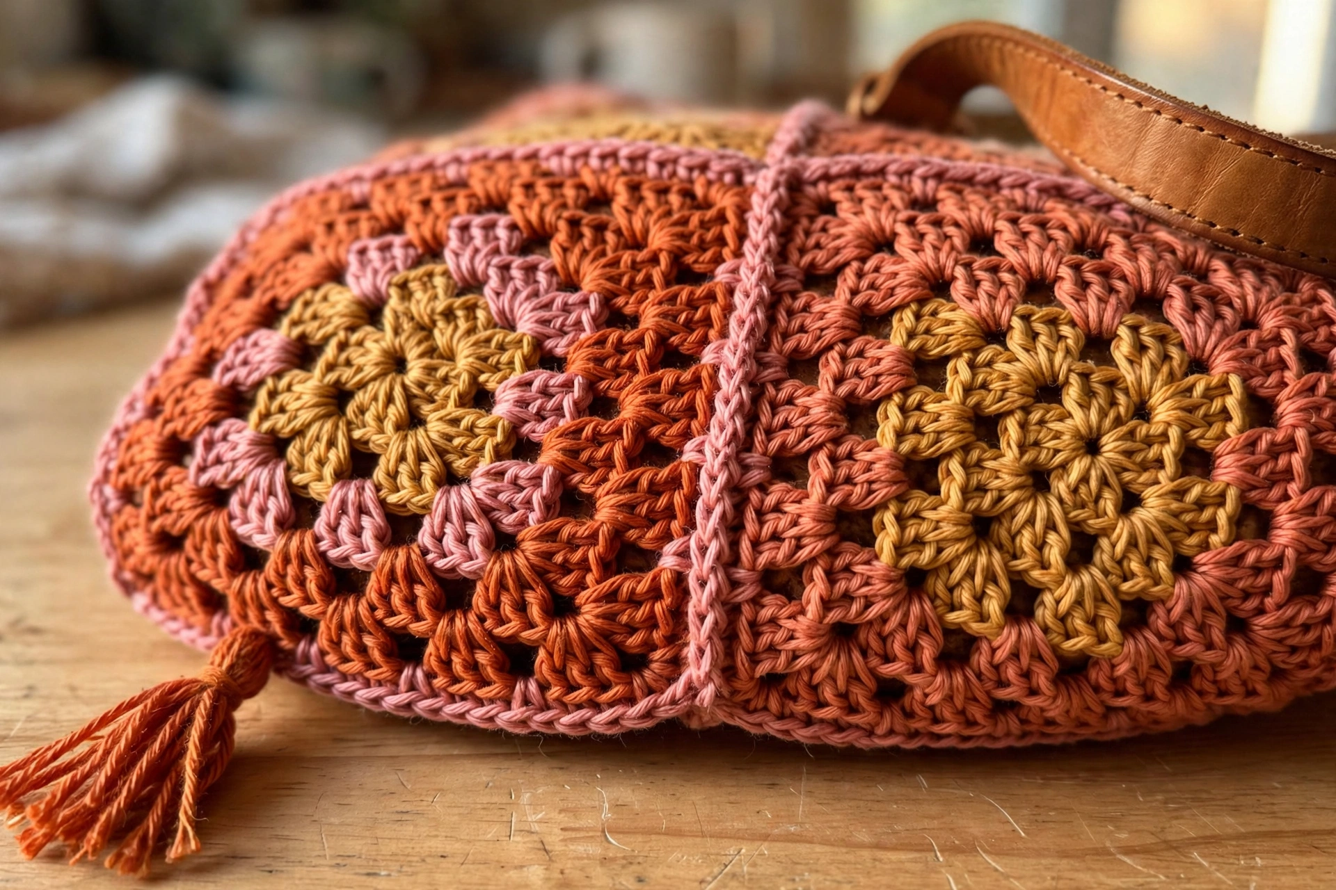 Close-up of the sunset ombre granny squares with tassel on the Sunset Ombre Granny Square Tote