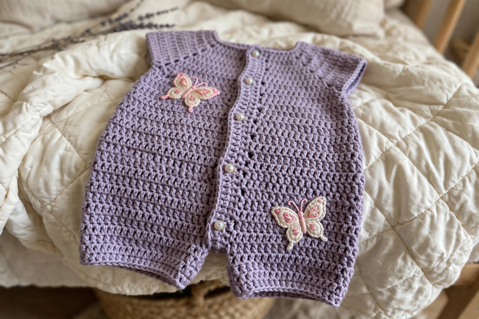 Close-up of the embroidered butterflies and pearl buttons on the lavender romper