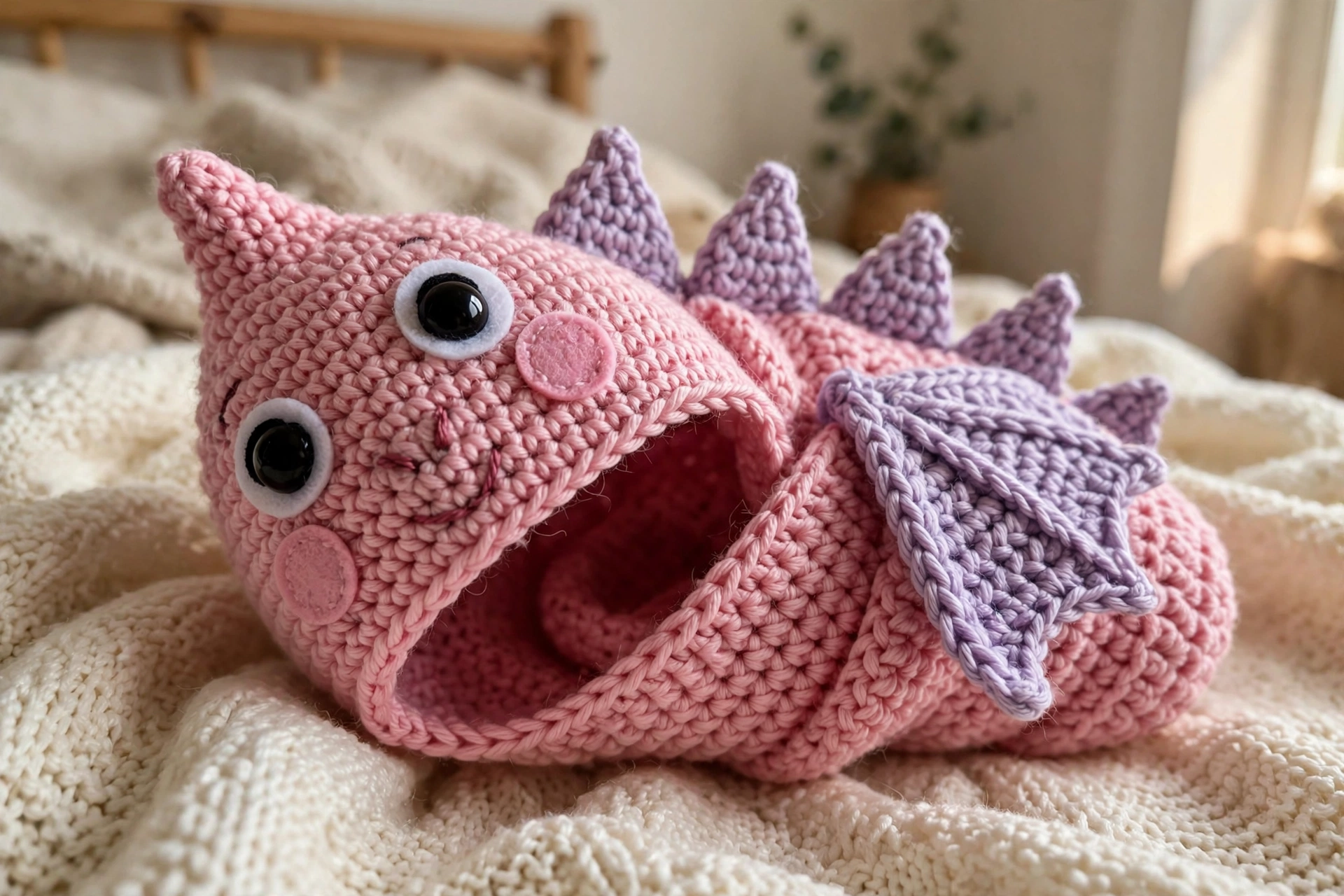 Close-up of the dragon face, spikes and wing on the pink baby swaddle