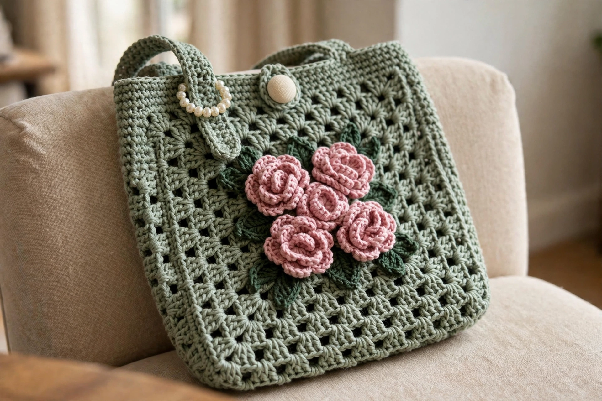 Close-up of the 3D rose motifs, leaves, pearl ring and button on the finished tote