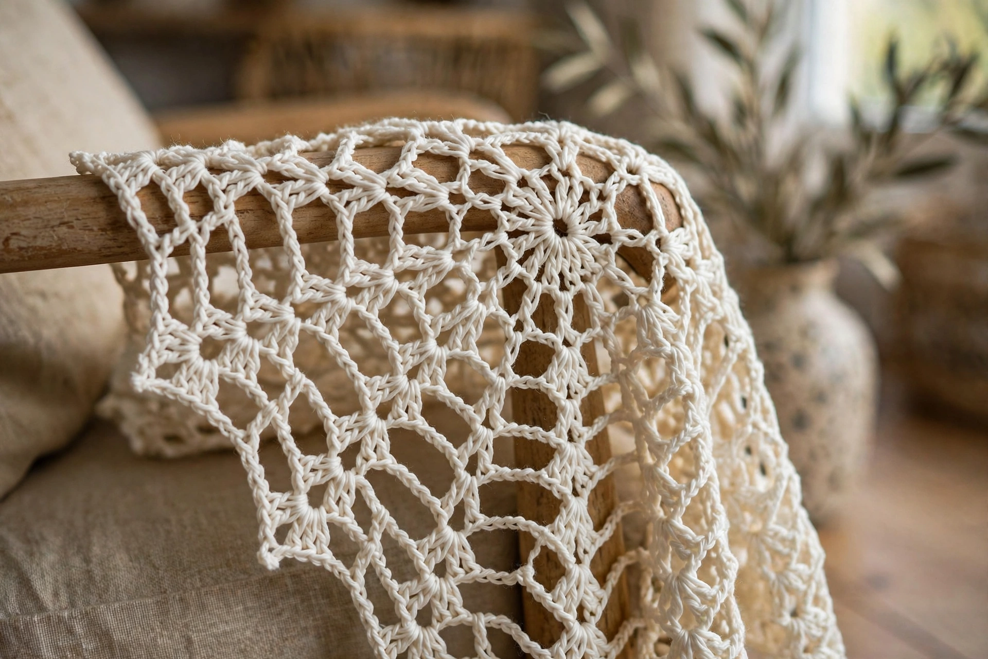 Close-up of the open chain web structure of the spider web shawl draped over a chair