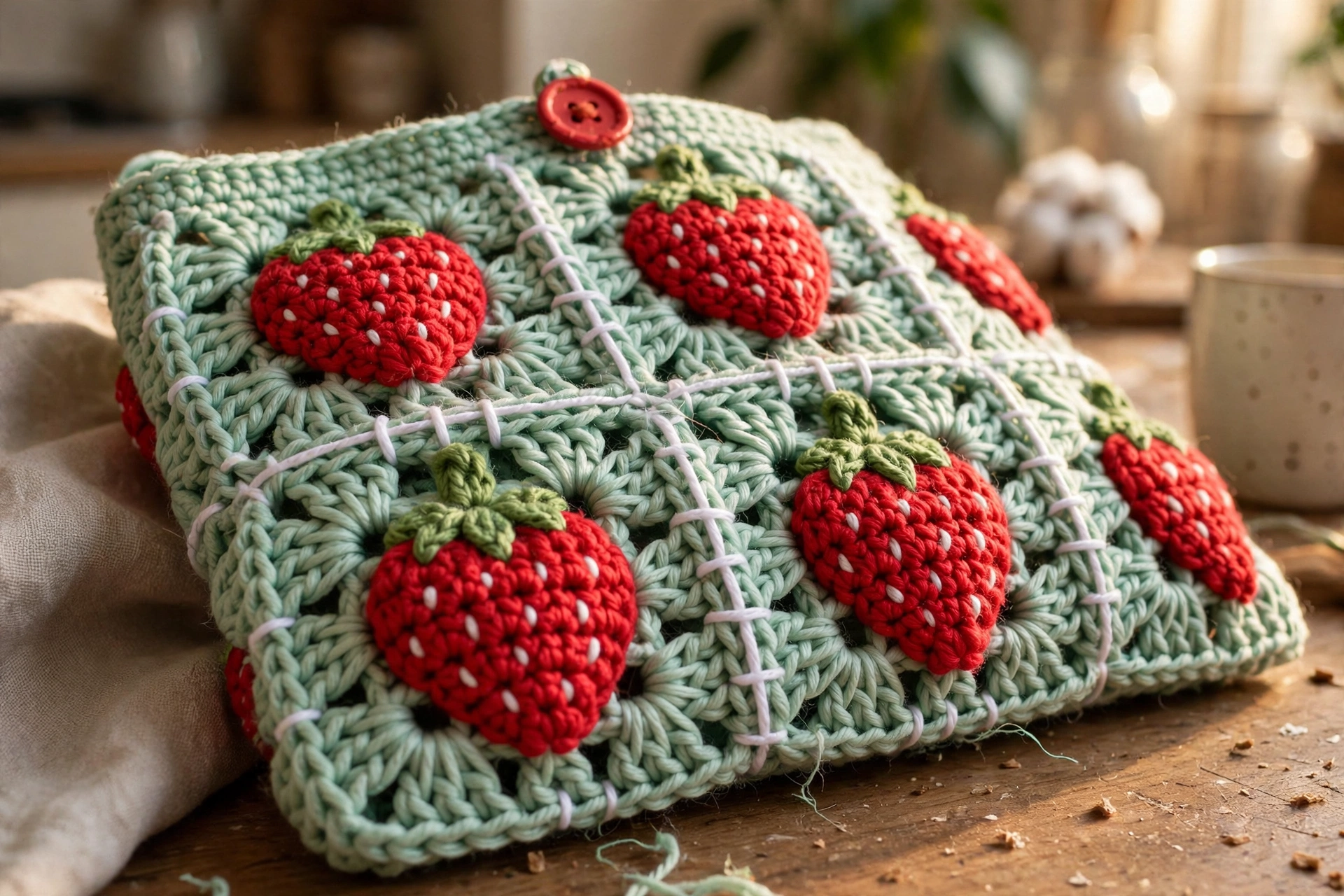 Close-up of the strawberry bobble motifs on the finished granny square tote