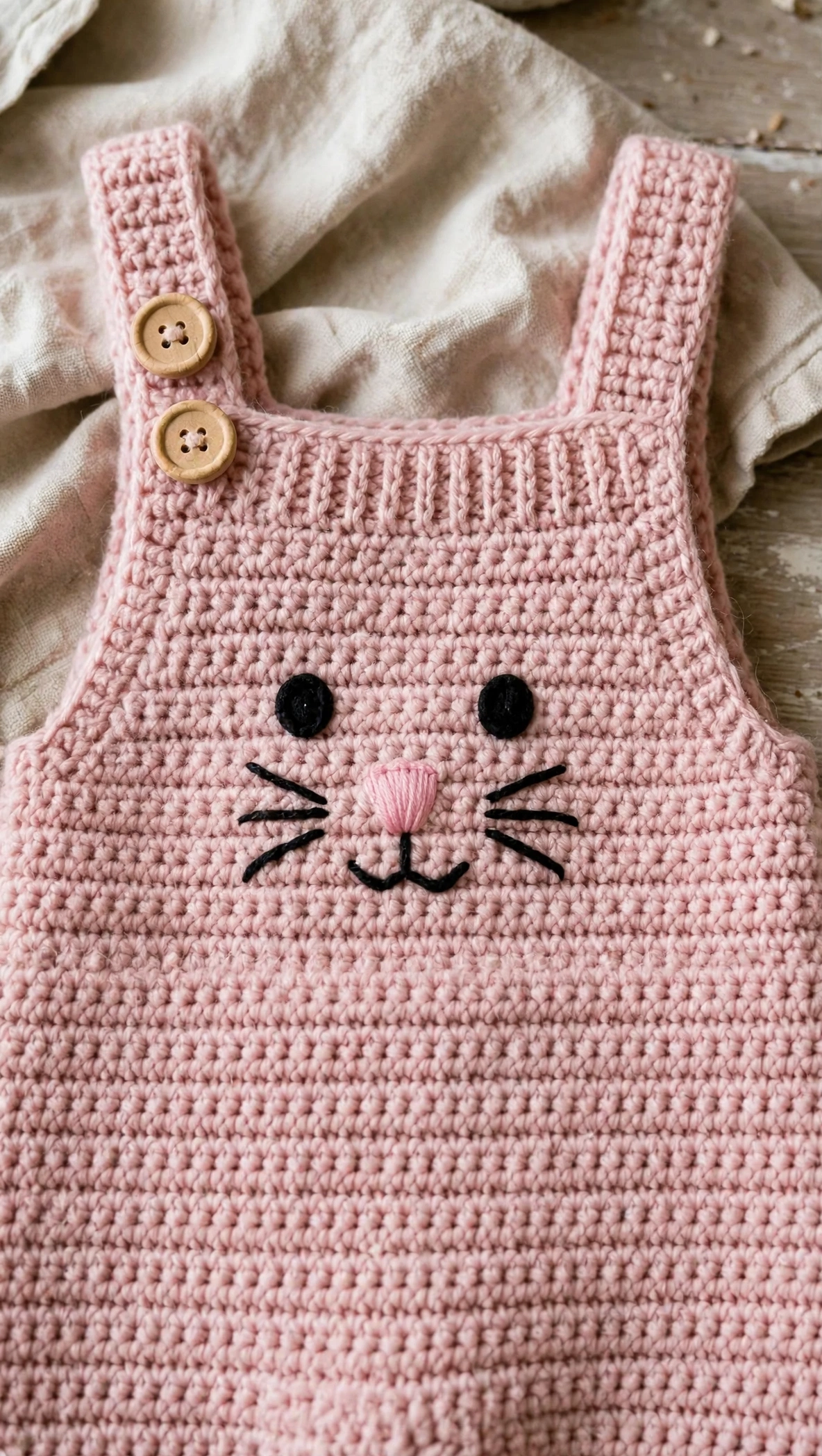 Close-up of the embroidered bunny face and wooden buttons on the pastel pink bunny baby romper