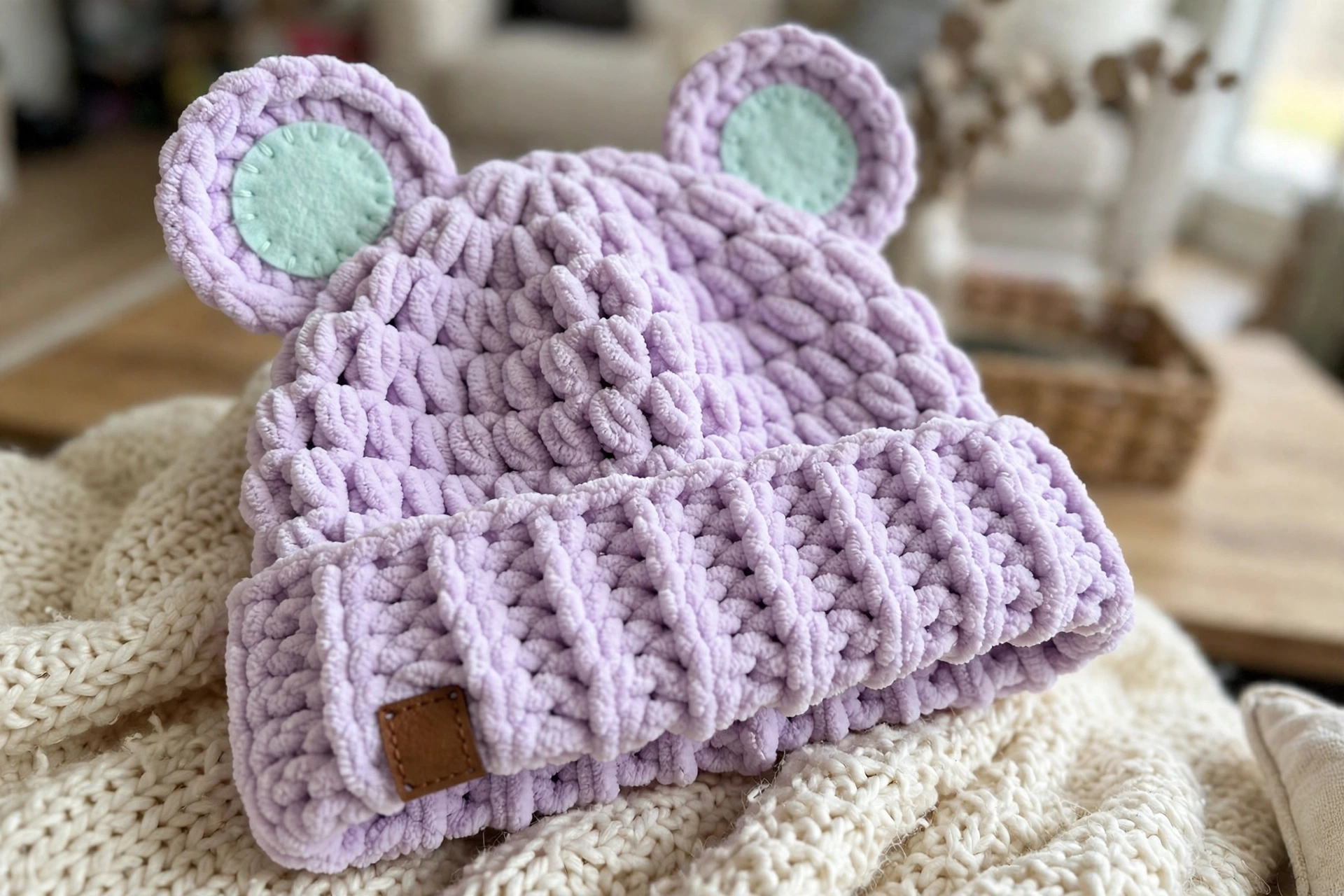 Close-up of the lavender pastel bear ear hat with mint inner ears and ribbed brim