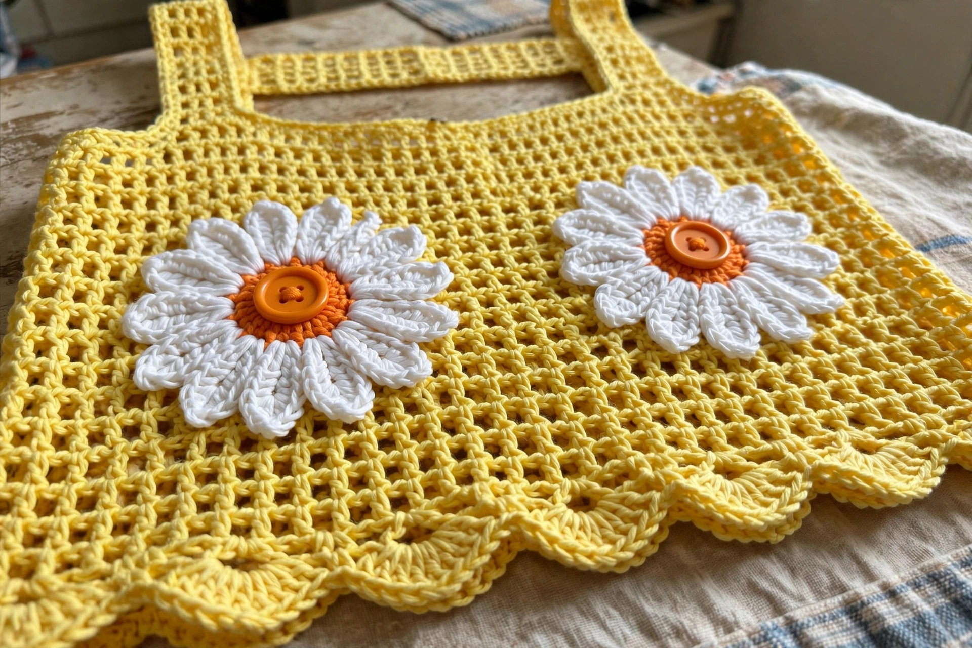 Close-up of the daisy appliques with button centers on the sunshine yellow mesh tank top