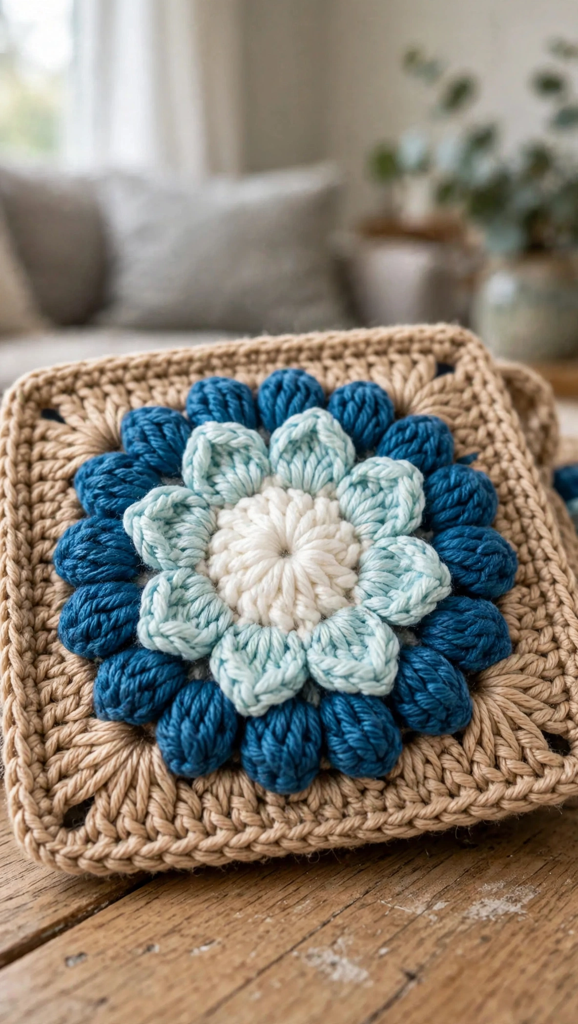 Close-up of the dimensional 3D ocean blue floral granny square with white and aqua petals