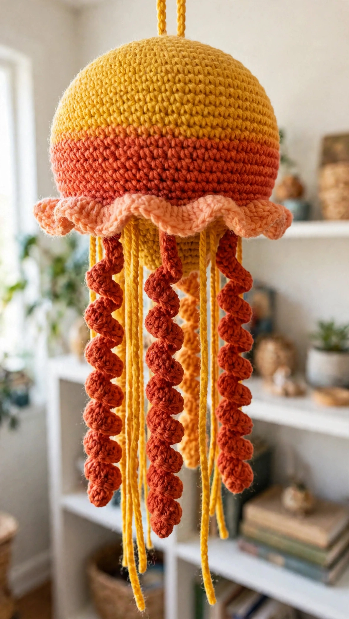 Close-up of the sunset jellyfish ruffle collar where the bell meets the spiral bobble tentacles