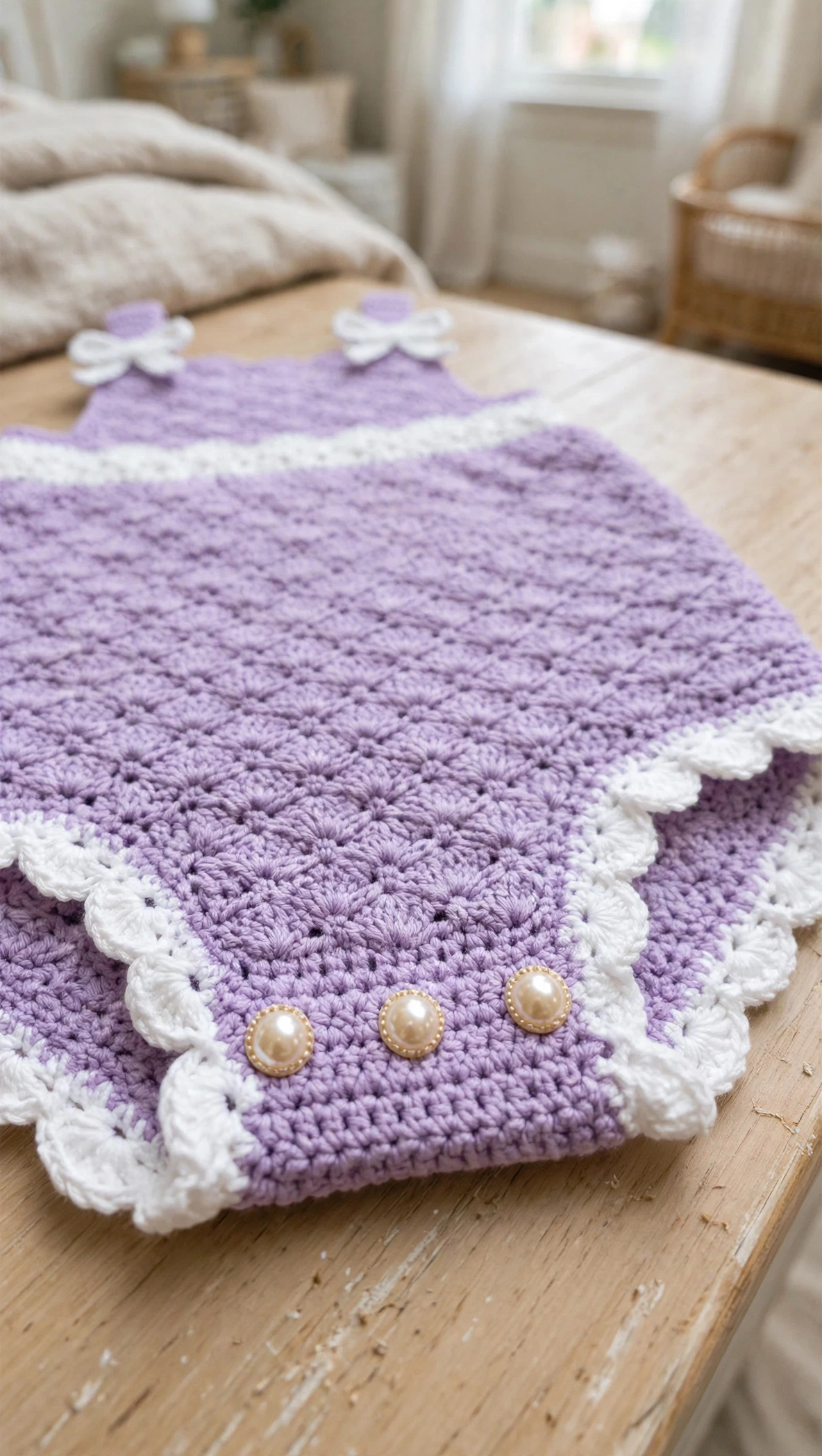 Close-up of the pearl buttons and white scallop edging at the crotch of the lavender baby romper
