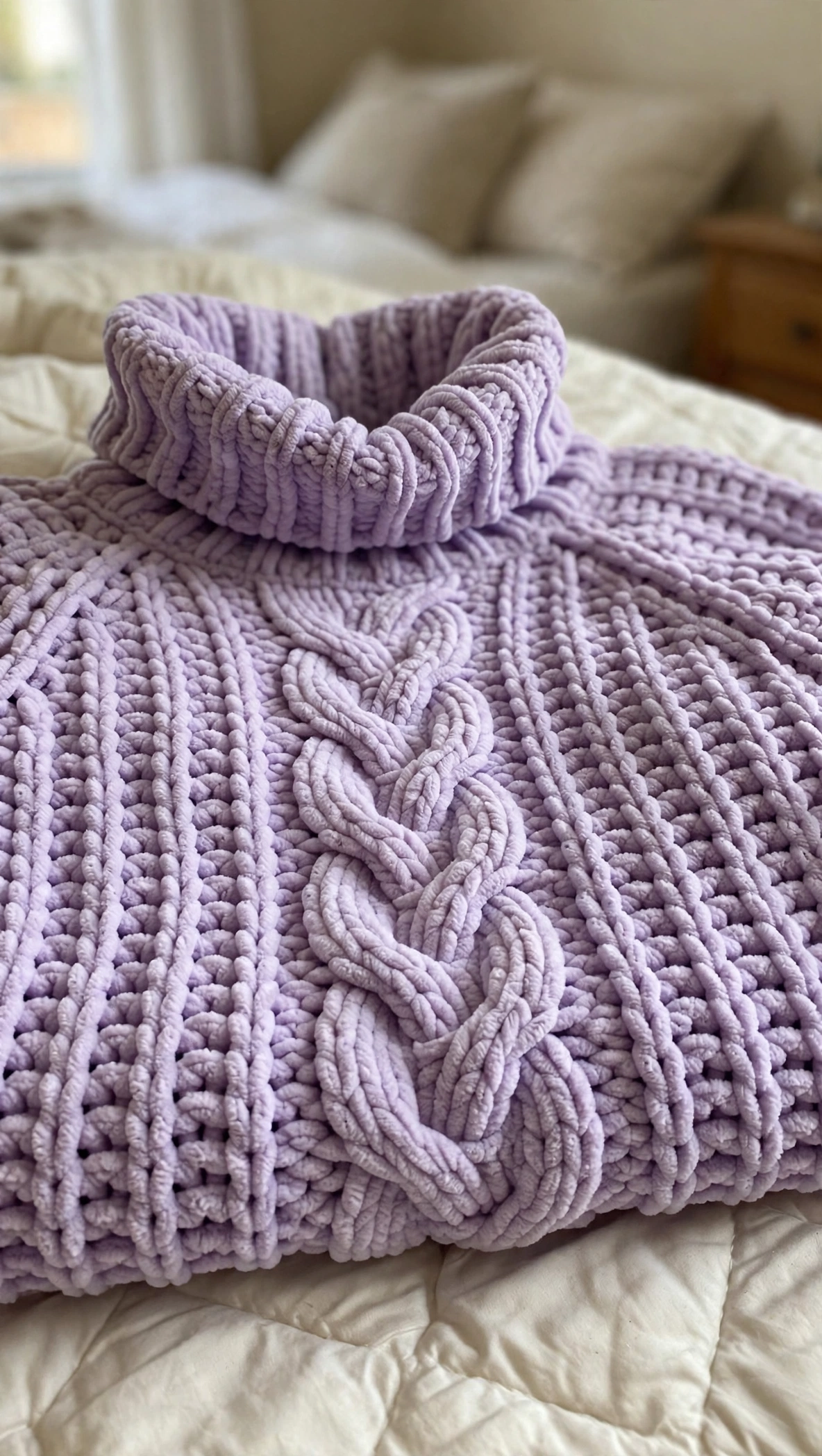 Close-up of the lavender chunky sweater mock cable panel and folded turtleneck collar