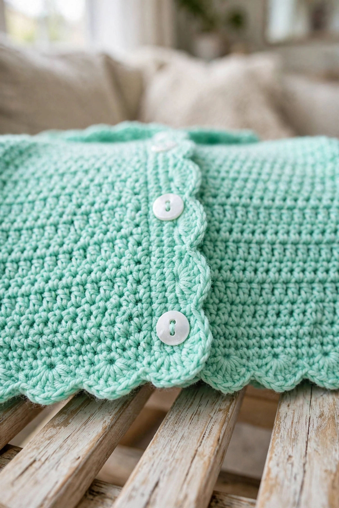 Close-up of the mint green crochet baby cardigan button band with white buttons and scallop shell edging