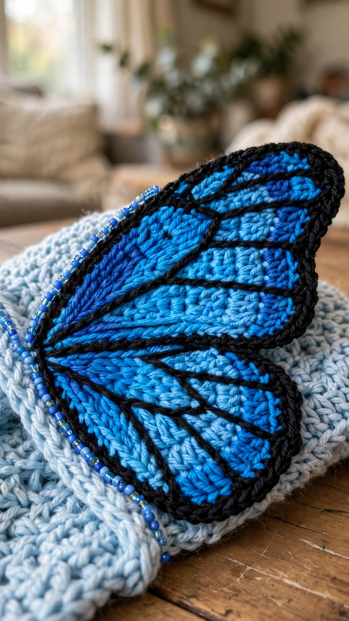 Close-up of one bright blue crochet butterfly wing with black veins and seed beads on the blue morpho cardigan