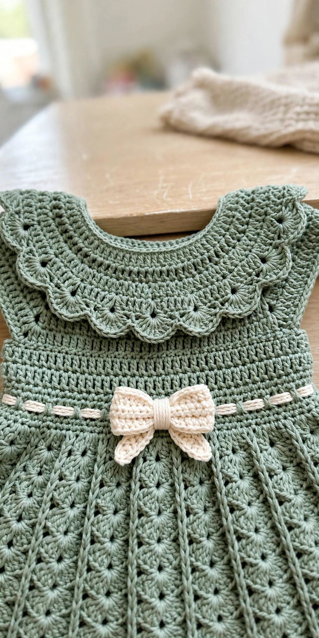 Close-up of the sage green baby dress Peter Pan collar, cream waist ribbon and bow