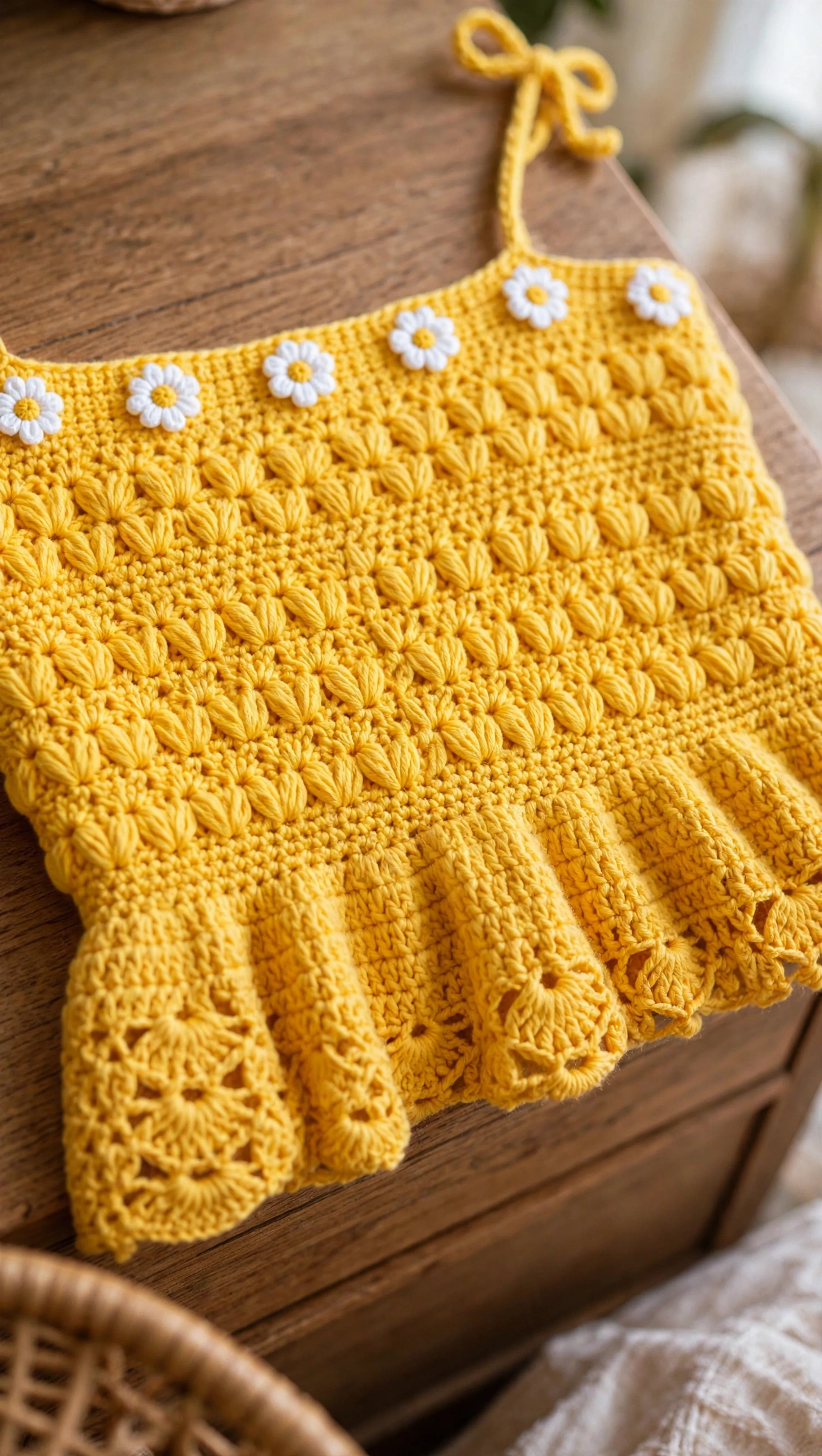 Close-up of the sunflower yellow crochet babydoll bodice showing tulip cluster stitch texture and white daisy appliques