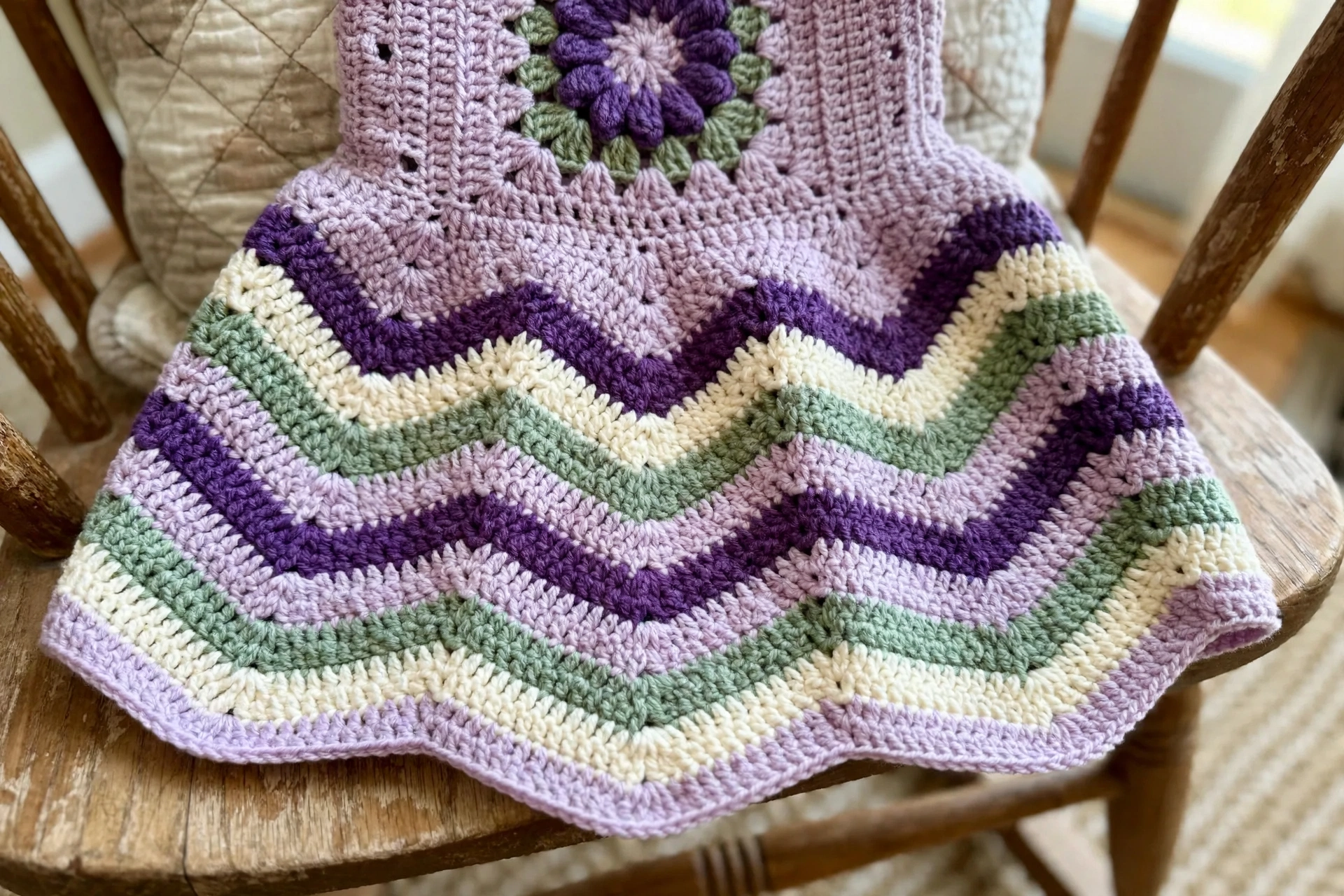 Close-up of the chevron ripple skirt in lavender, purple, sage and cream