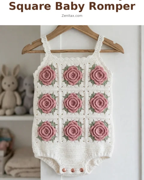 Pink Rose Granny Square Baby Romper Free Crochet Pattern