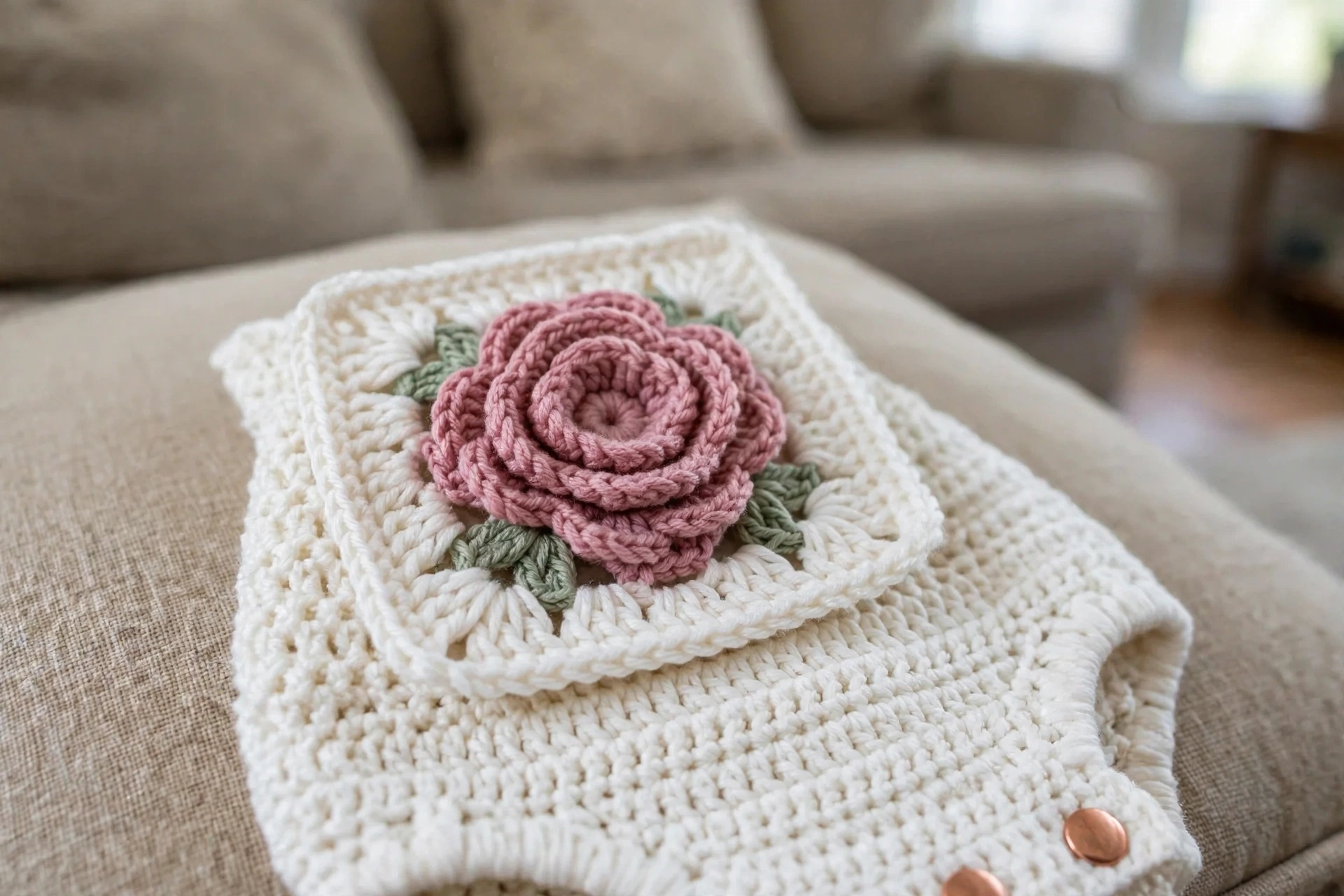 Close-up of a dimensional mauve 3D rose with sage leaves on the granny square romper