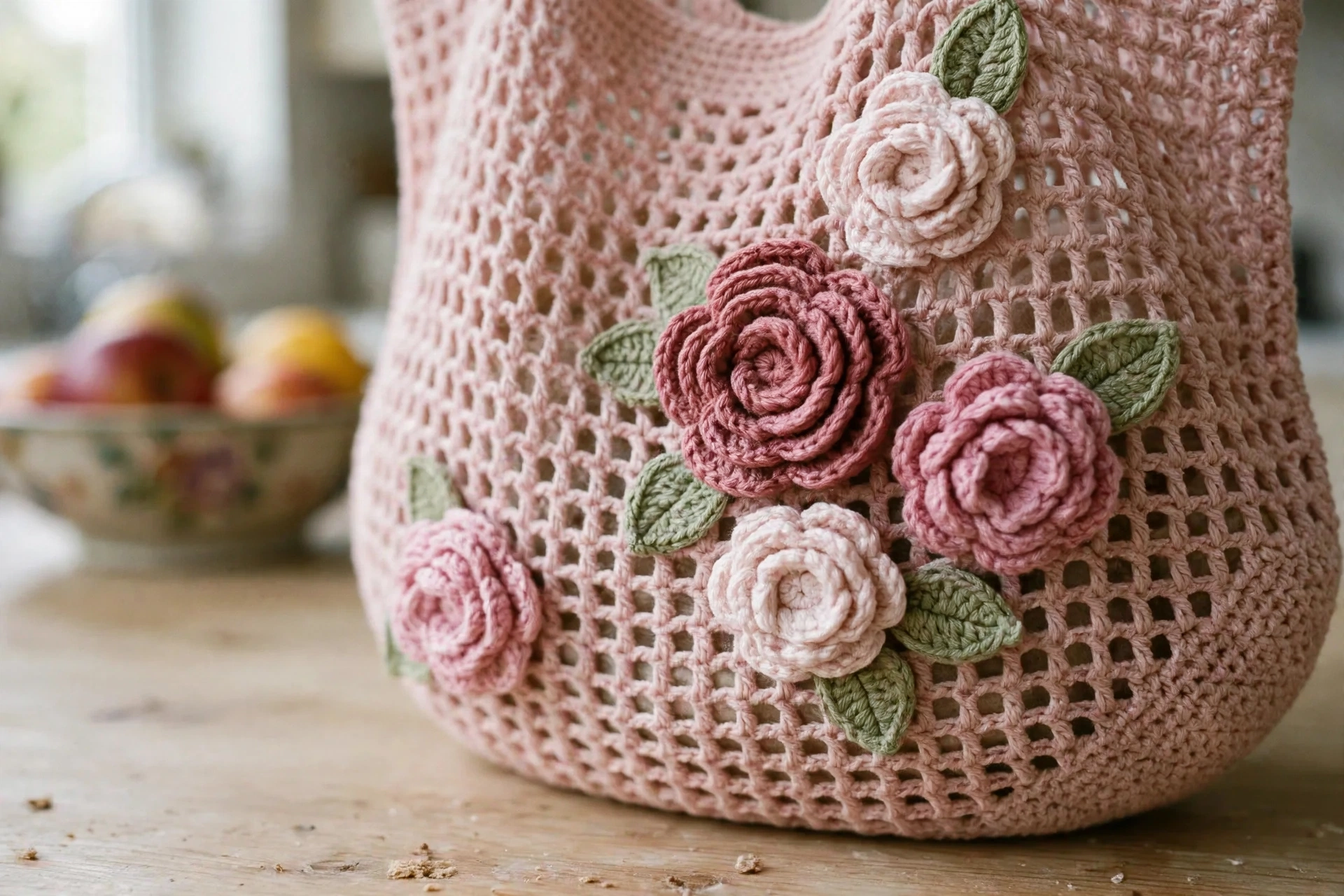 Close-up of the dimensional spiral crochet roses and sage leaves on the mesh tote