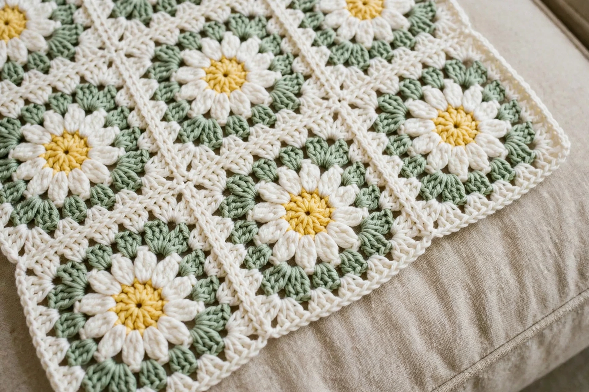 Close-up of the daisy granny squares with yellow bobble centers, white petals and sage green backgrounds