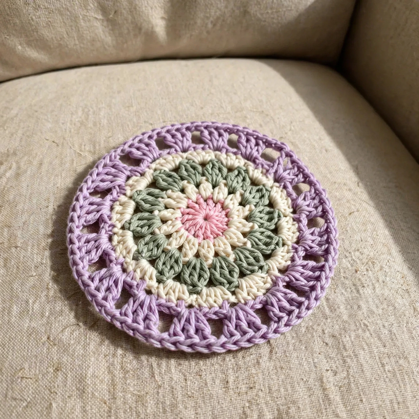 Close-up of a granny circle motif with pink center, sage green and cream rings on the lavender top