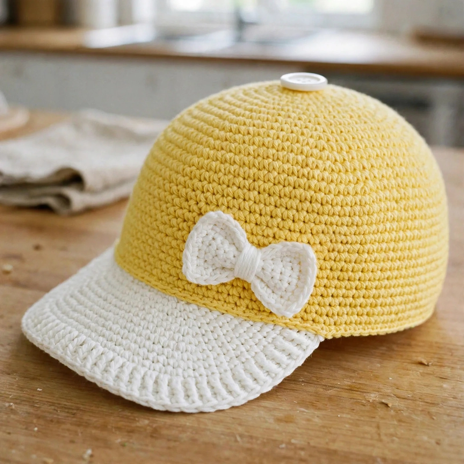 Close-up of the white bow on the Sunshine Yellow Bow Baseball Cap