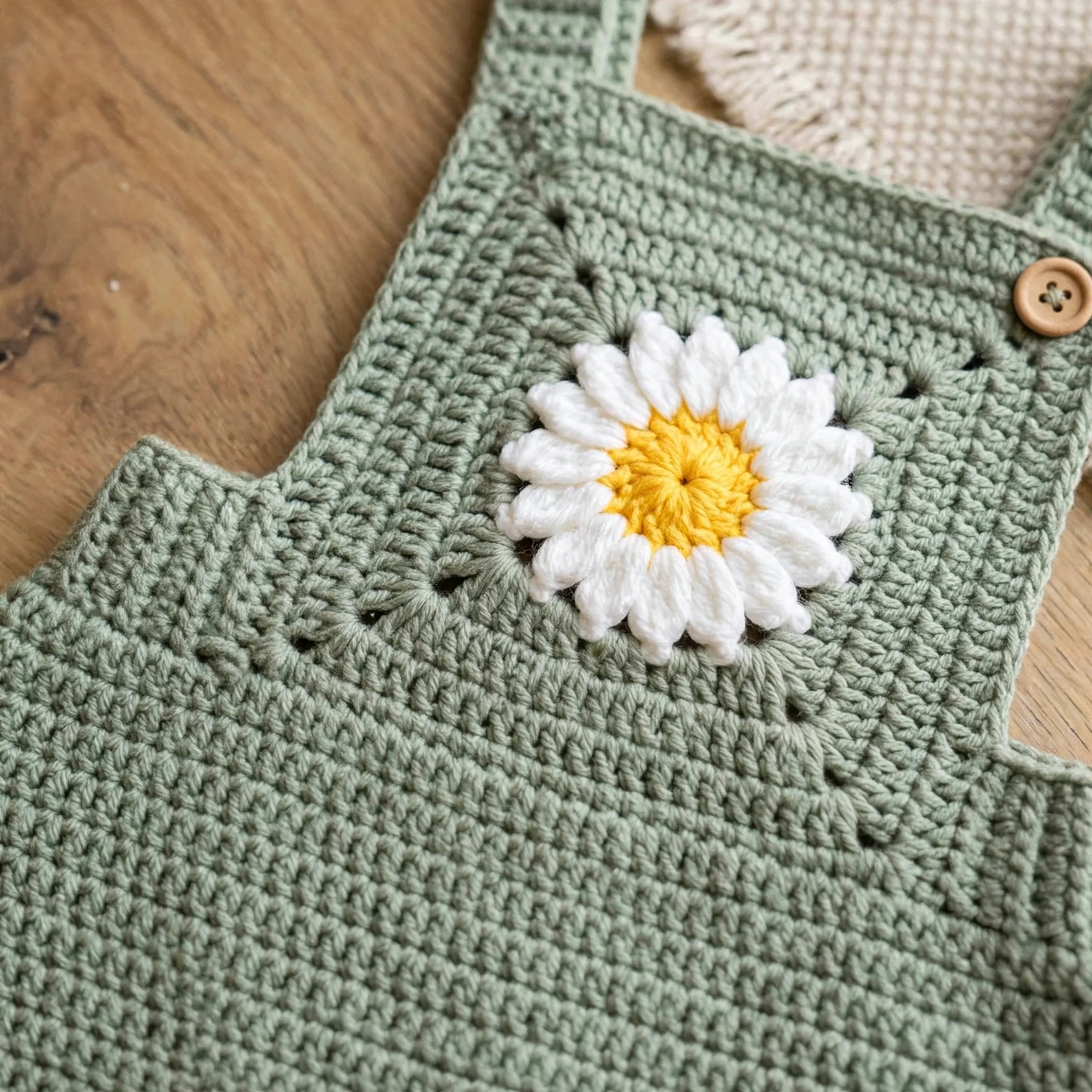 Close-up of the daisy applique on the sage green Daisy Bloom Baby Romper