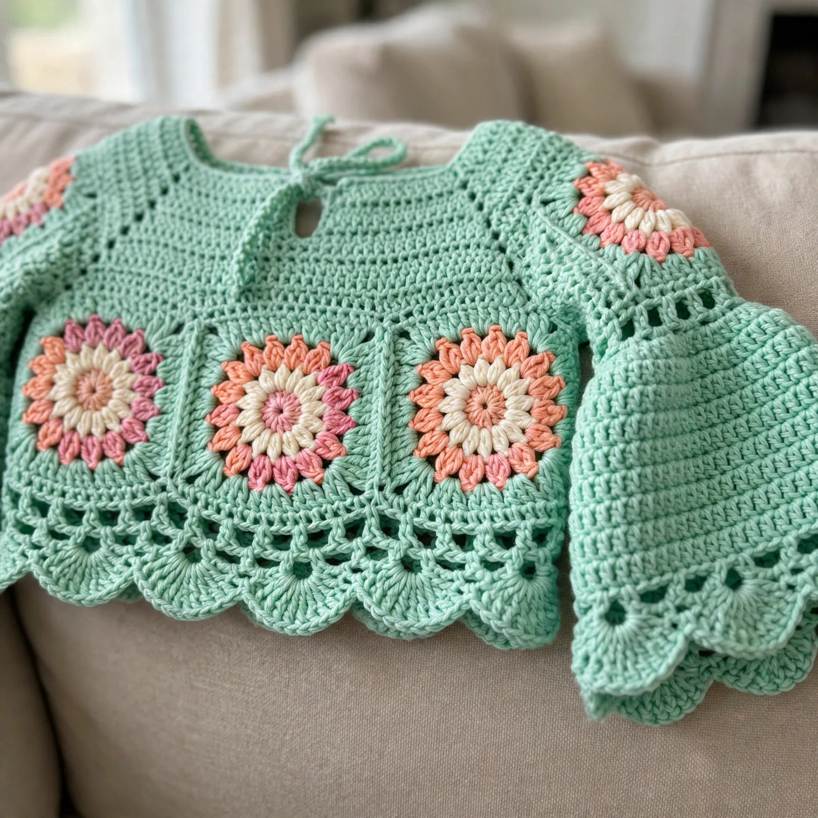 Close-up of the floral motifs and scalloped hem on the Mint Meadow Boho Toddler Set