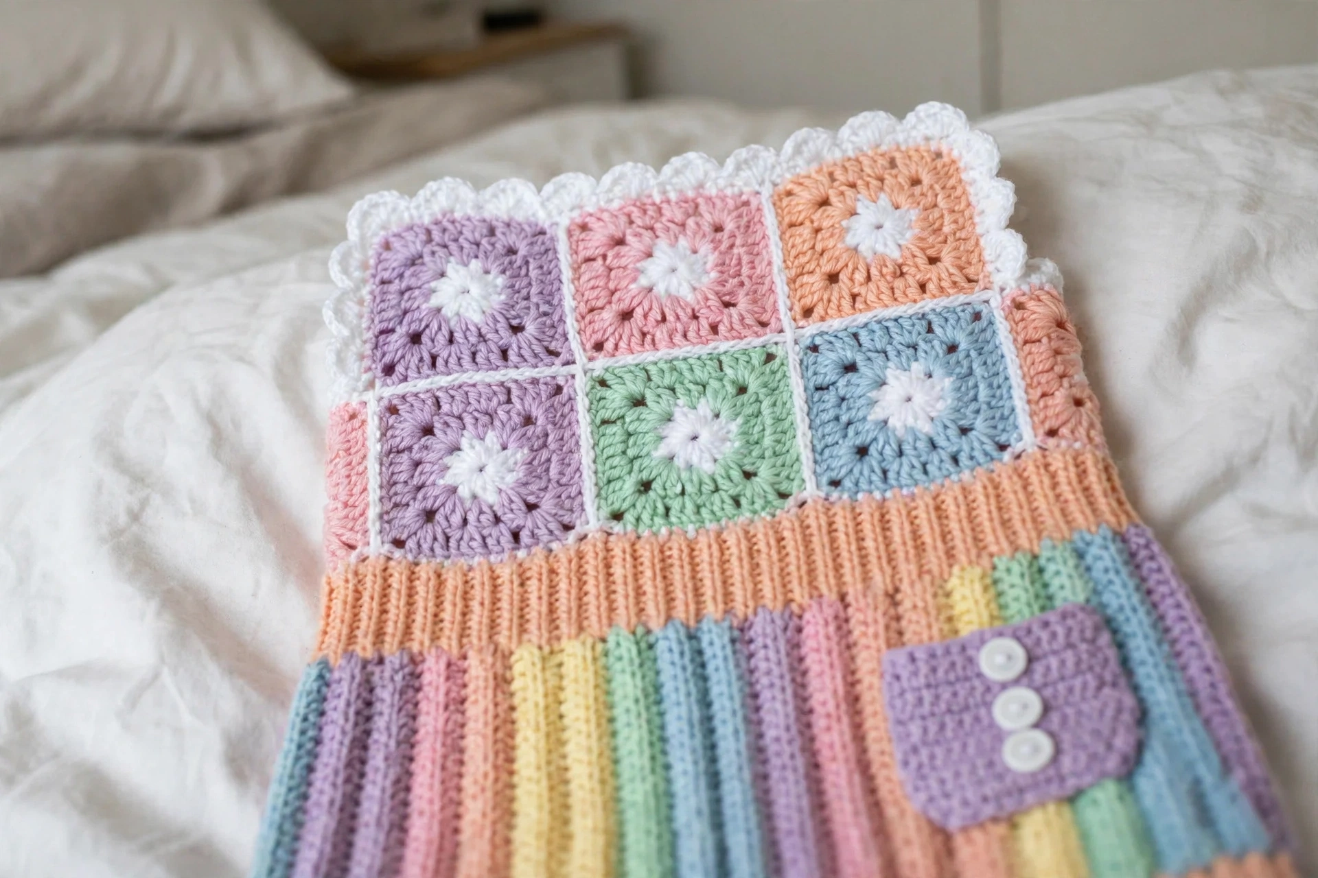 Close-up of the pastel granny square bodice on the Pastel Rainbow Granny Romper