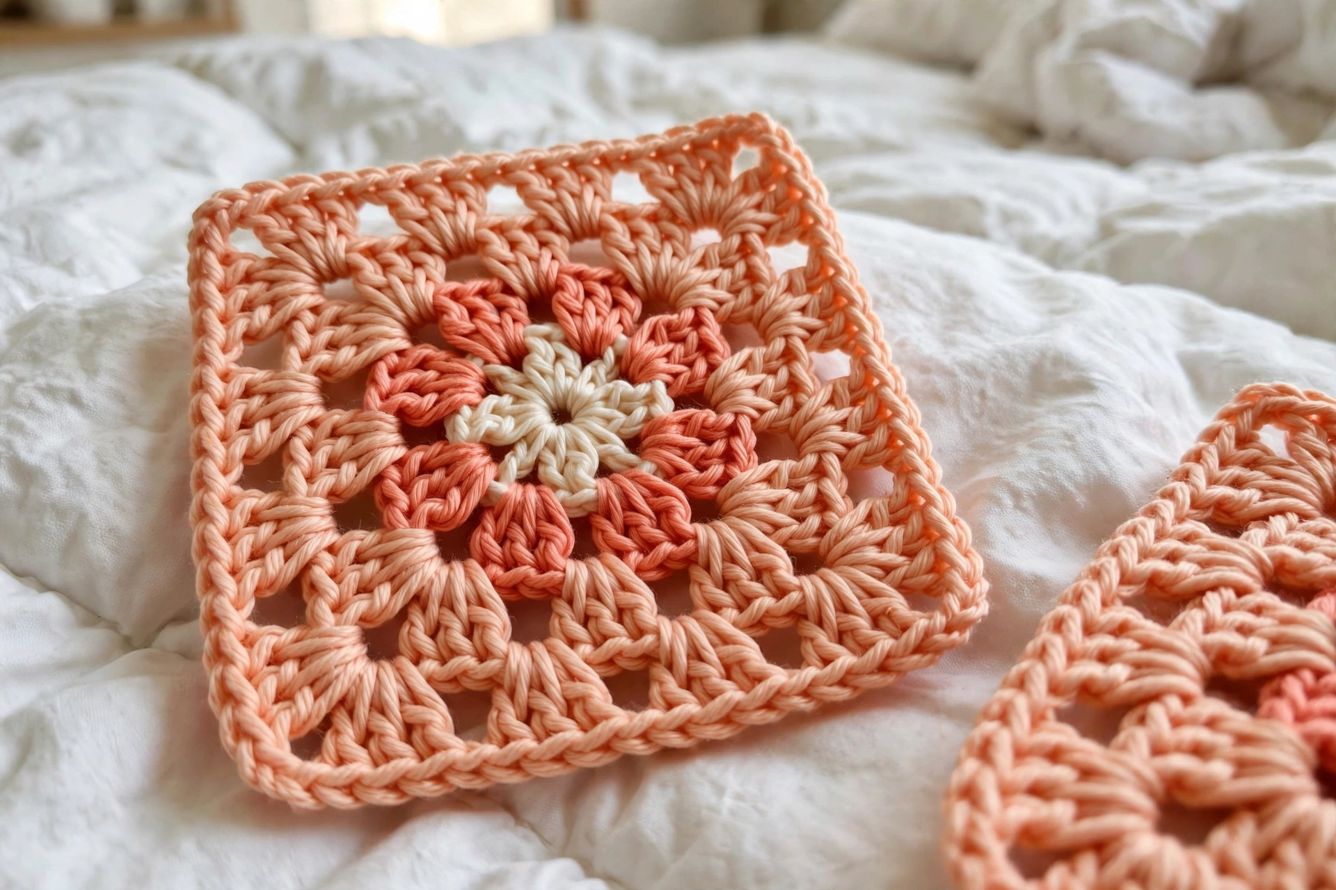 Close-up of a peach granny square motif with coral and cream flower center
