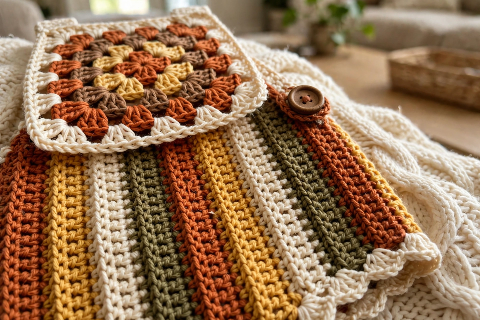 Close-up of the granny square bib, post-stitch stripes, wooden button, and shell edging
