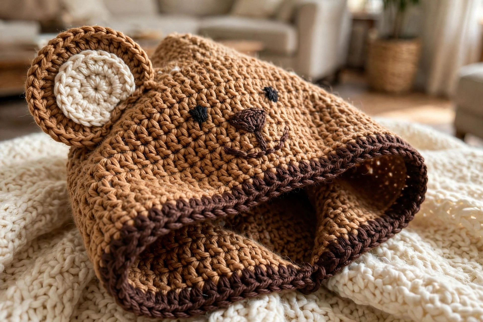 Close-up of the bear ear, embroidered face, and chocolate brown hood edging
