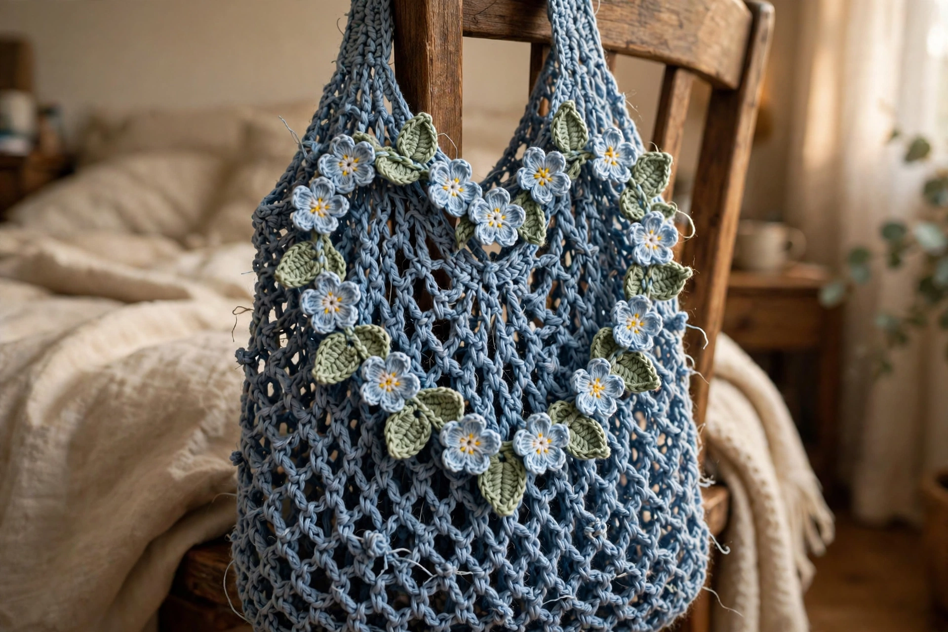Close-up of the mesh texture and forget-me-not flower garland