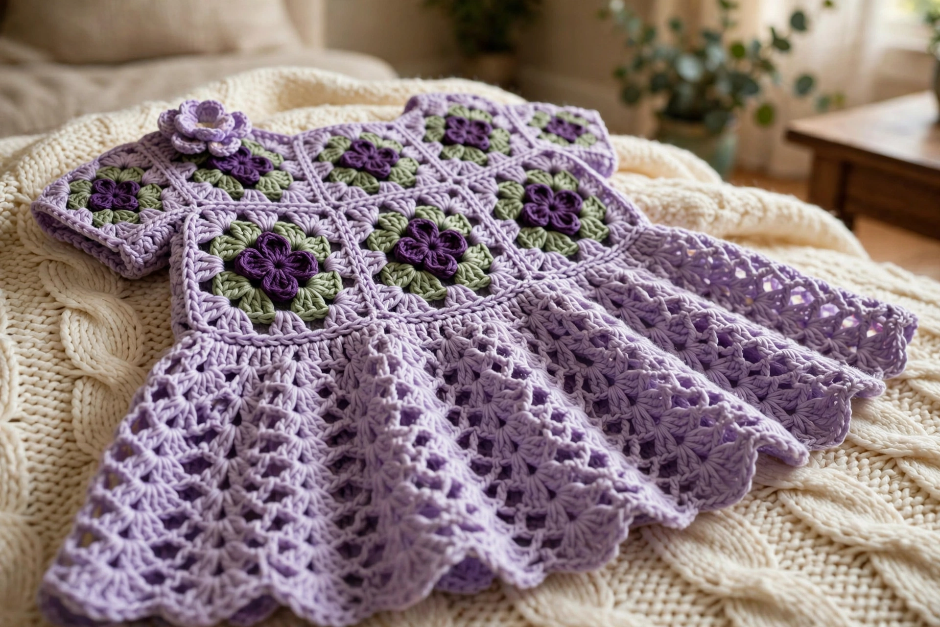 Close-up of the granny square flower yoke, lace shell skirt, and shoulder flower embellishment